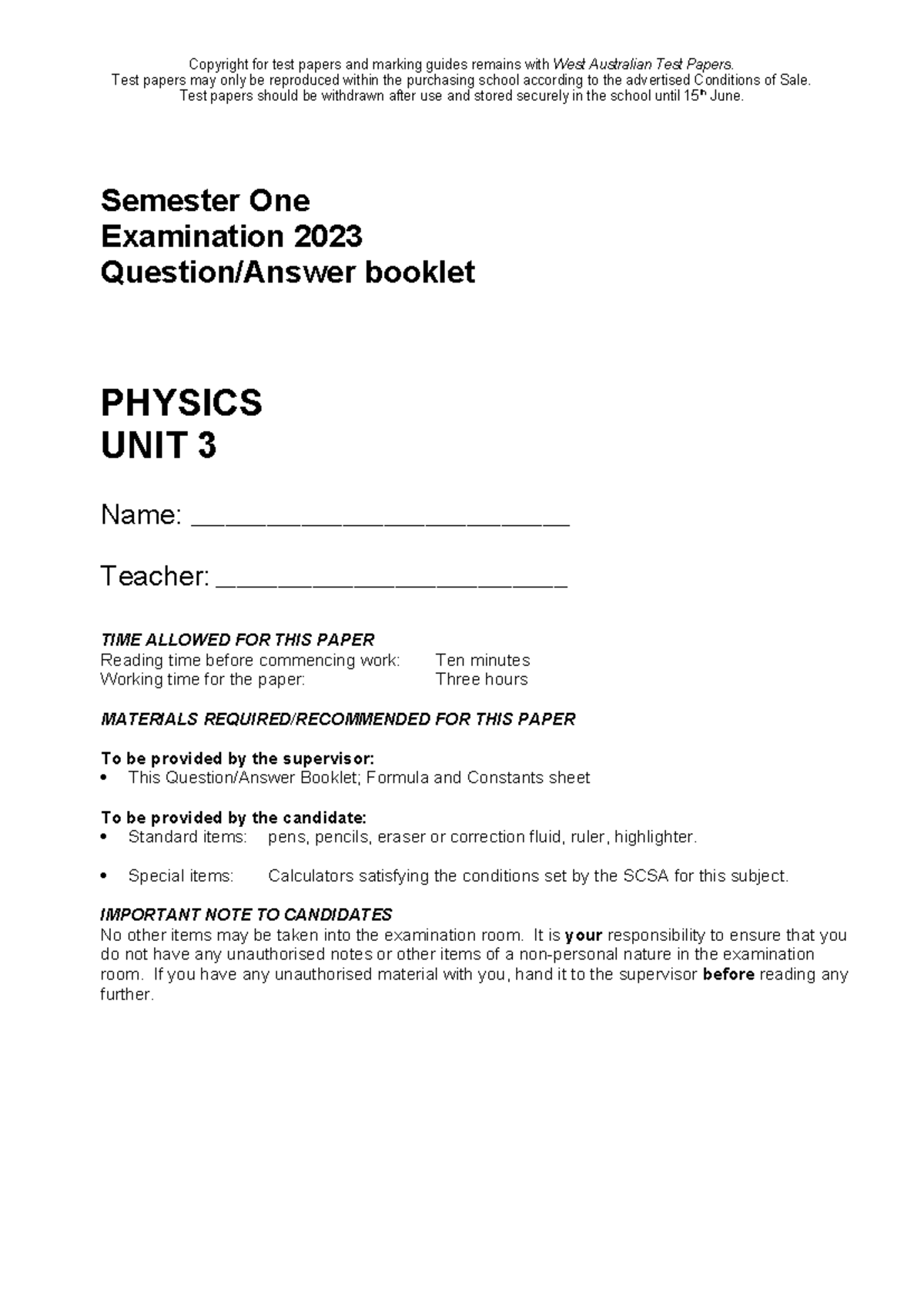 Task 5: Semester One Physics Unit 3 Exam 2023 - Studocu
