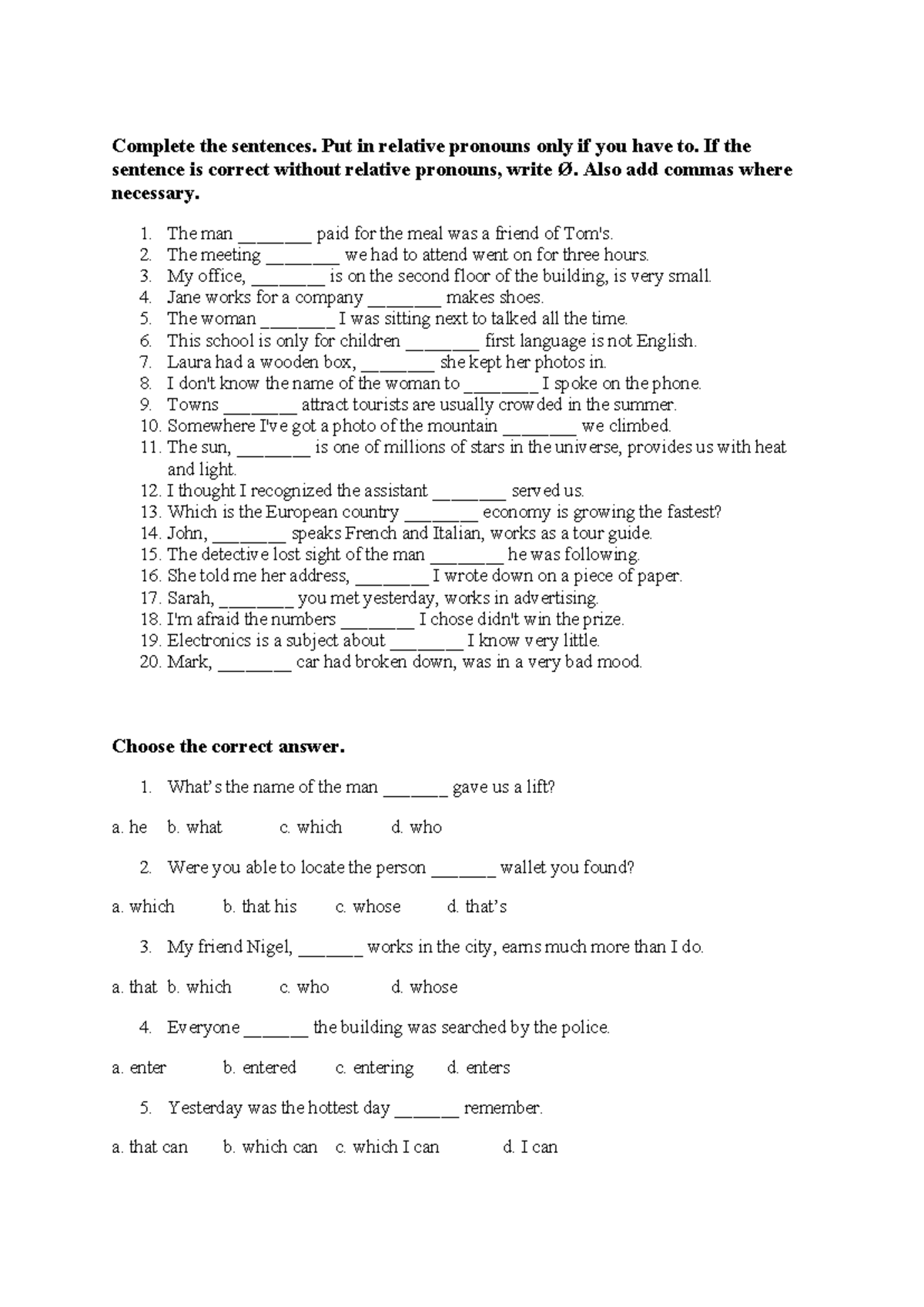 Relative Pronouns and Sentence Completion Exercises (ENG 101) - Studocu