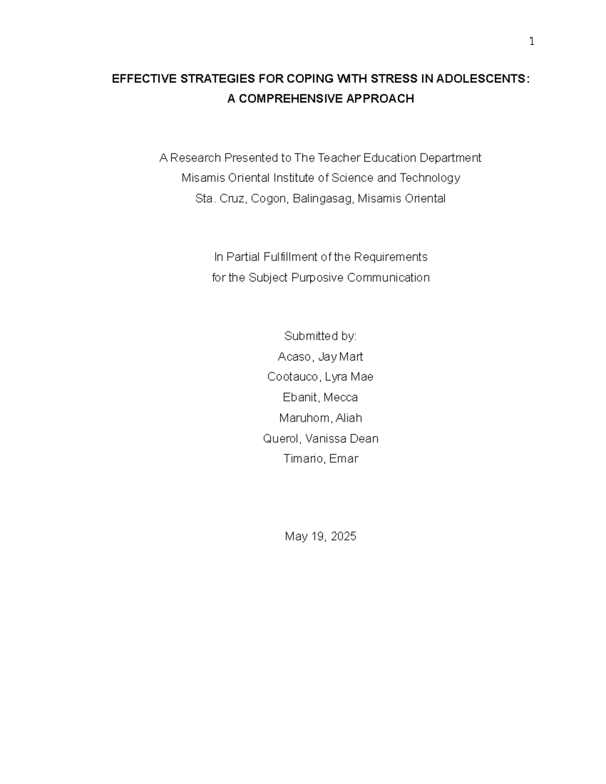 PC- Research - Final Output: Coping Strategies for Adolescent Stress ...