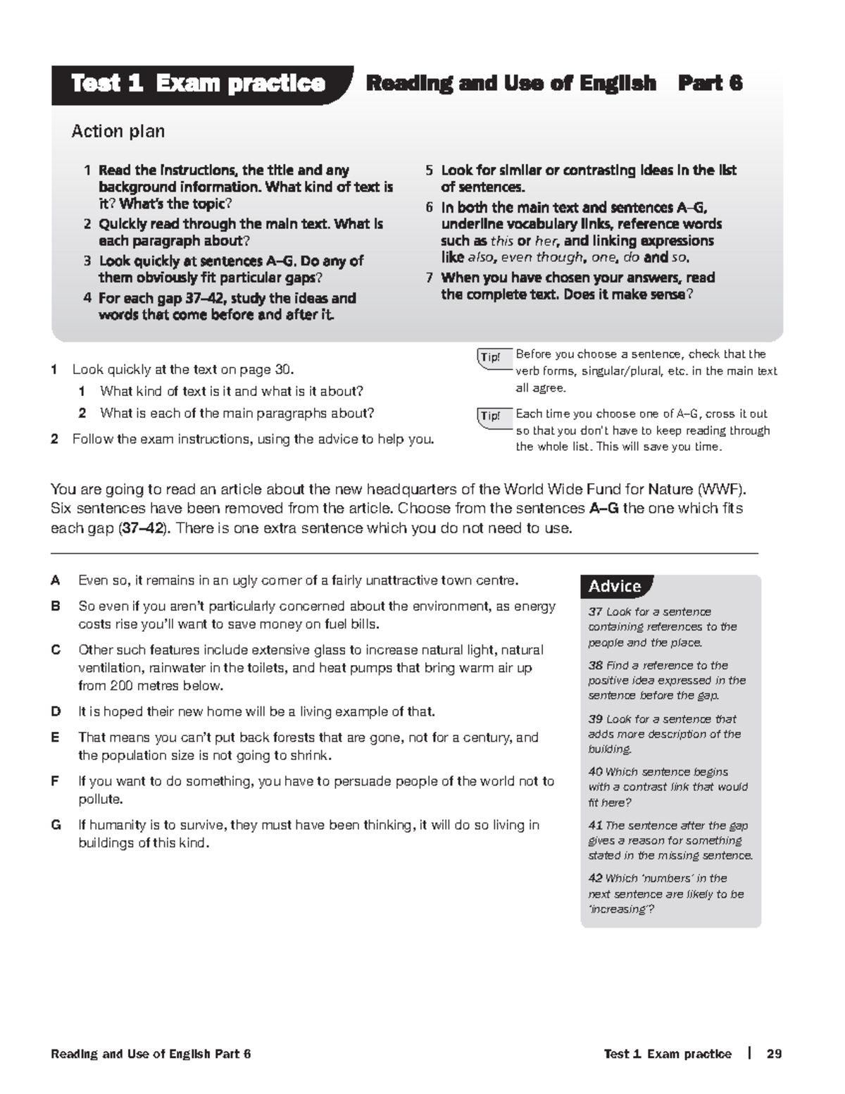 Reading 1 - Exam Practice for Reading and Use of English Part 6 - Studocu