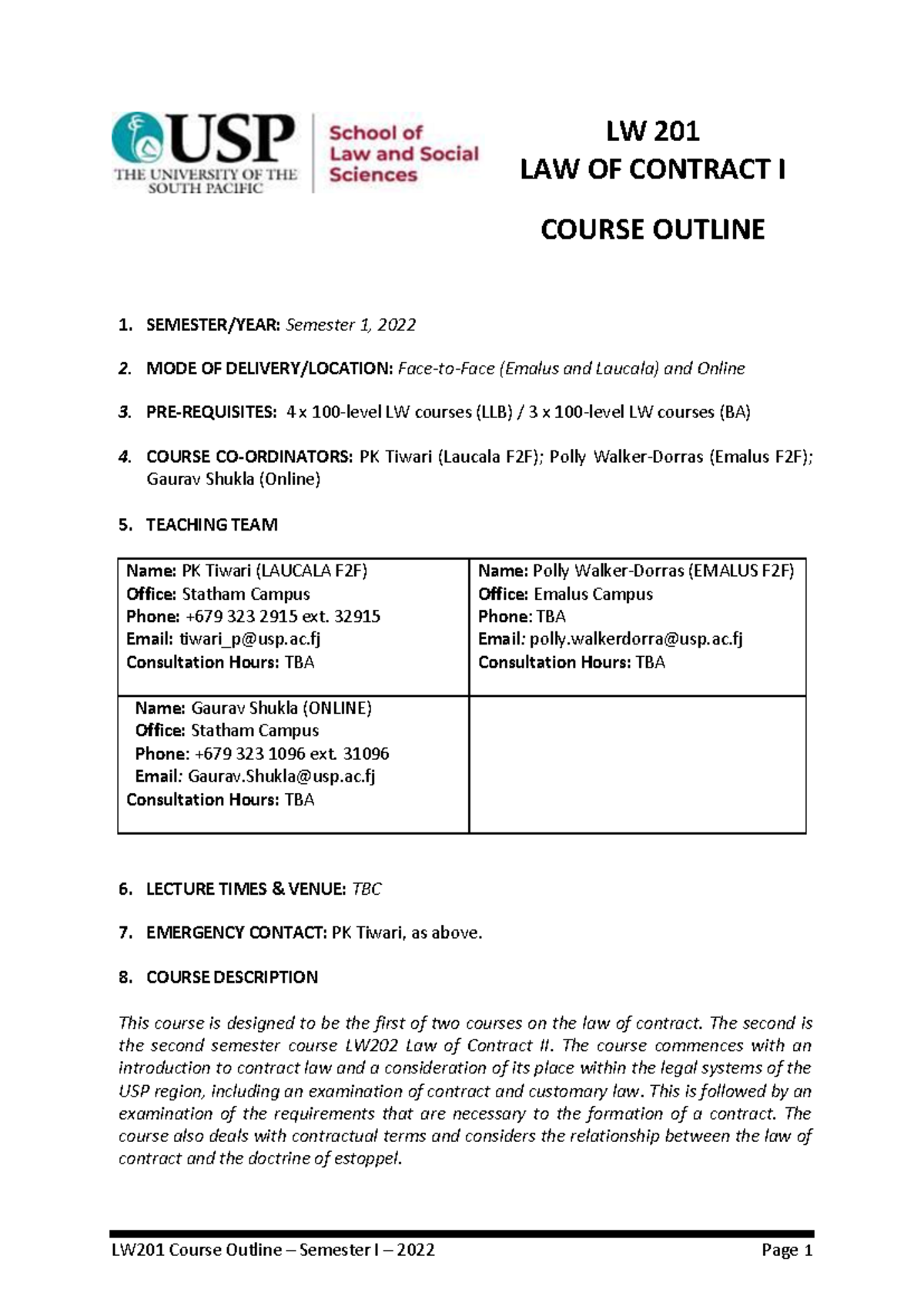Course Outline LW 201: Law of Contract I (Semester 1, 2022) - Studocu