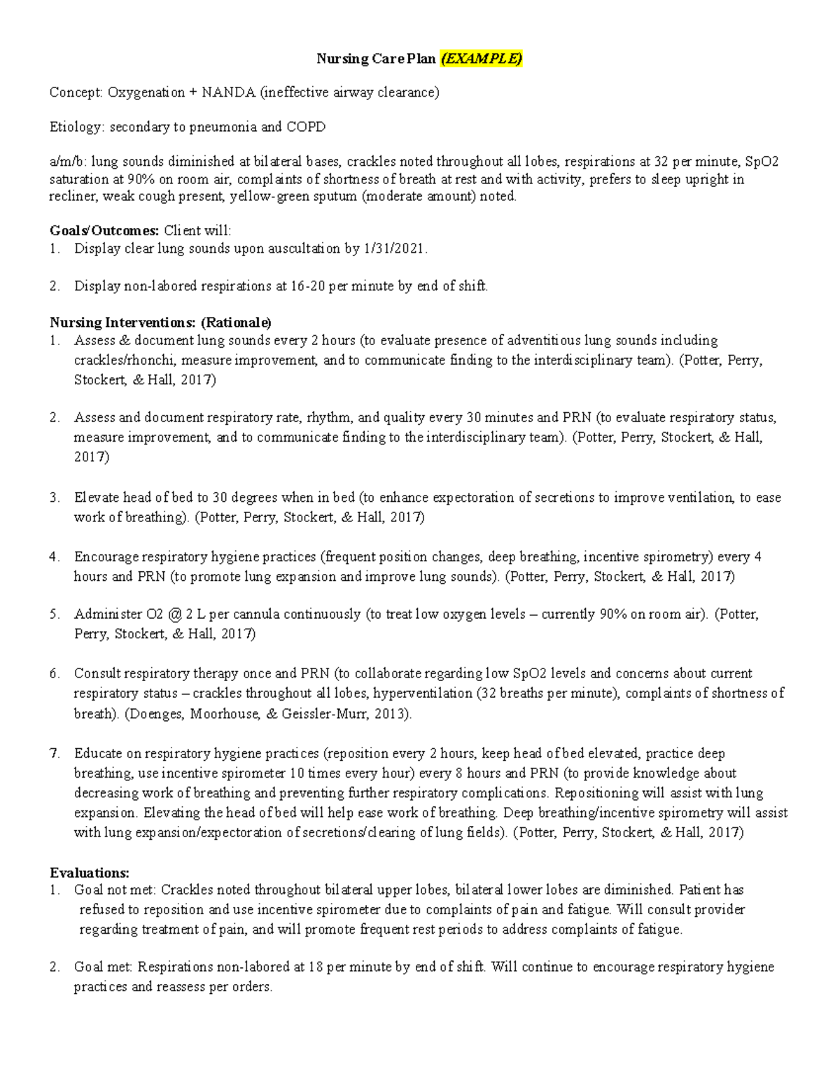 Nursing Care Plan Example for Oxygenation NANDA (Ineffective Airway ...