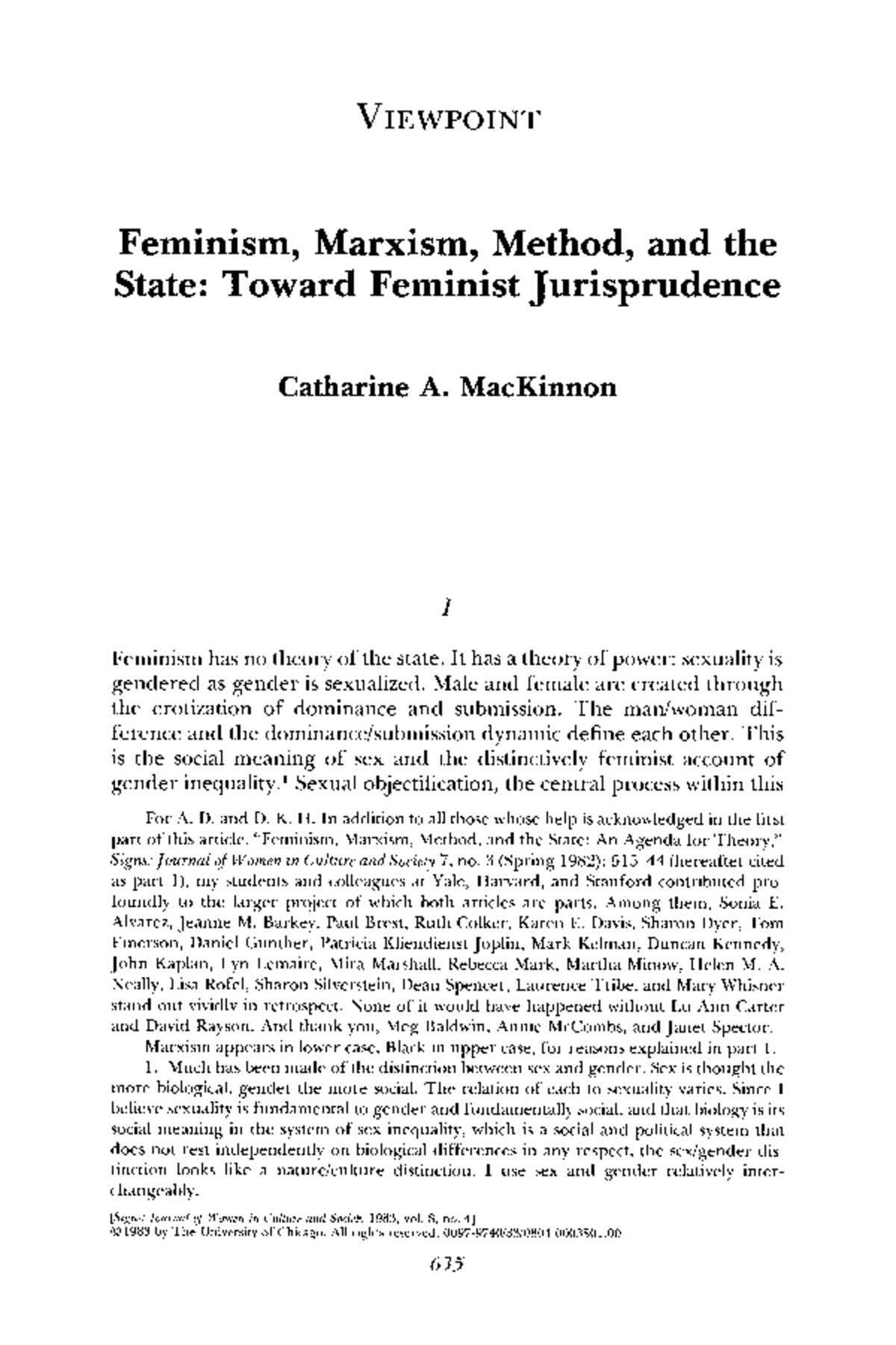 Catherine A. MacKinnon: Feminism, Marxism, Method & the State Analysis ...