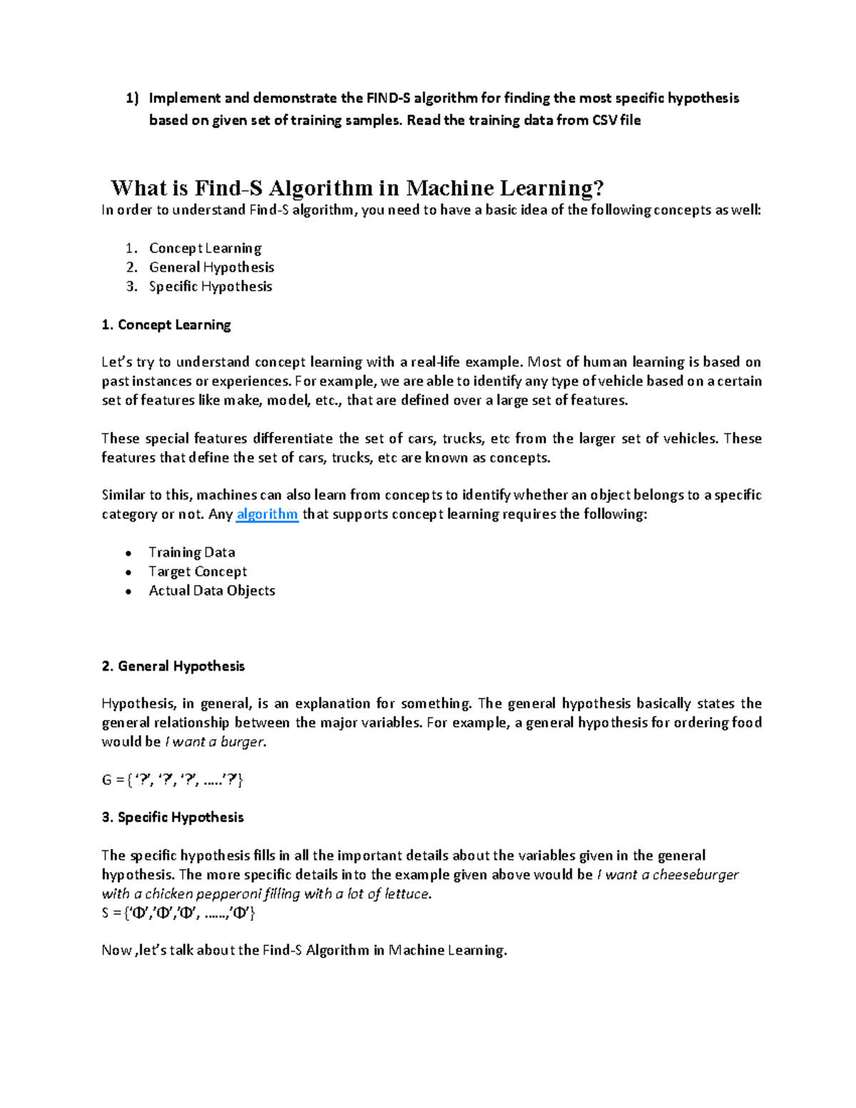 ML LAB AI 3-1: Algorithm for Most Specific Hypothesis in ML - Studocu