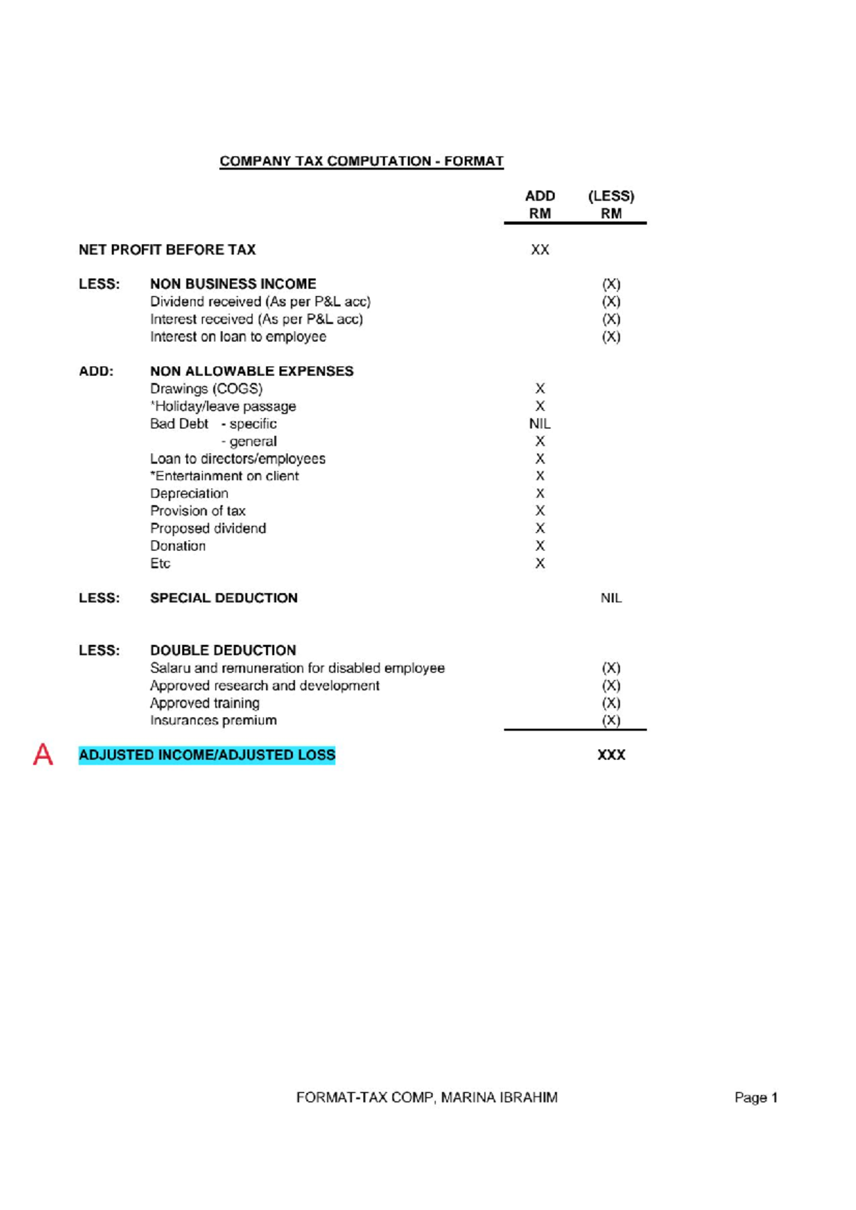 COMP 101: Company's Income Tax Computation Format - Studocu