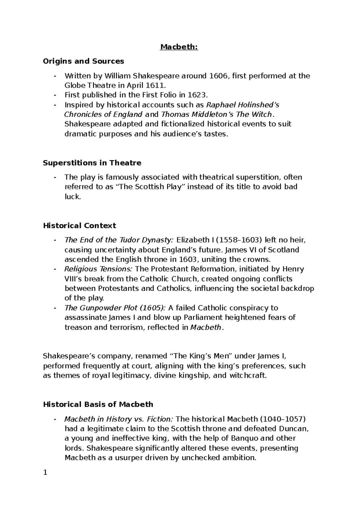 Macbeth (ENG 101): Summary of Themes, Context, and Analysis - Studocu