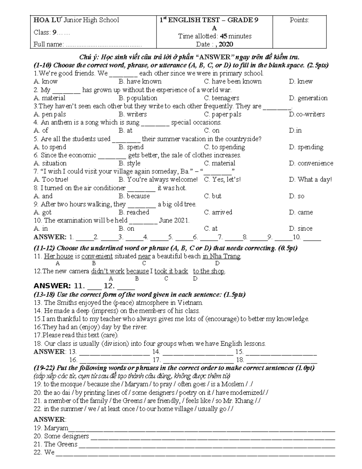 ANH9 - Grade 9 English 1st Test Answers and Key - Studocu