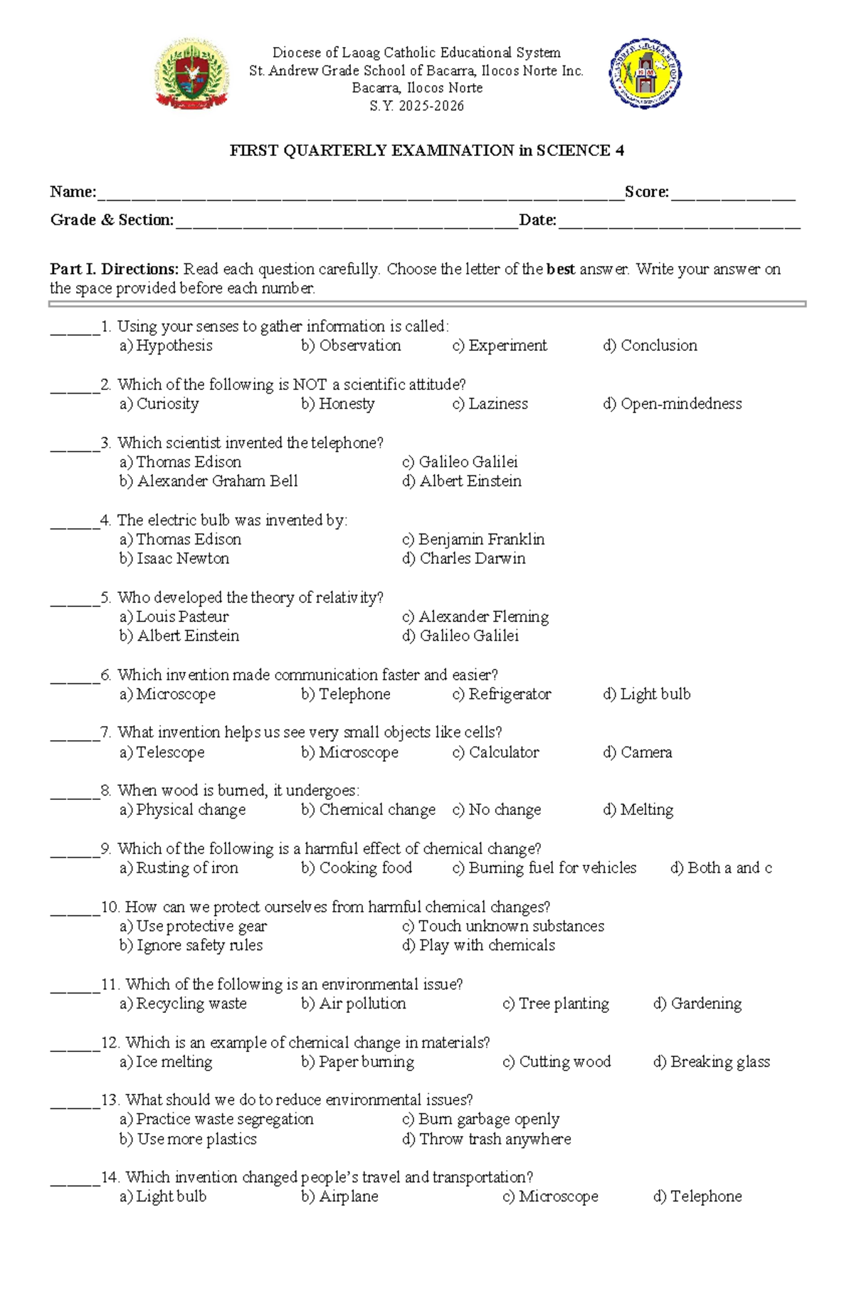 Science 4 - 1st Quarter Periodical Exam Questions and Answers - Studocu