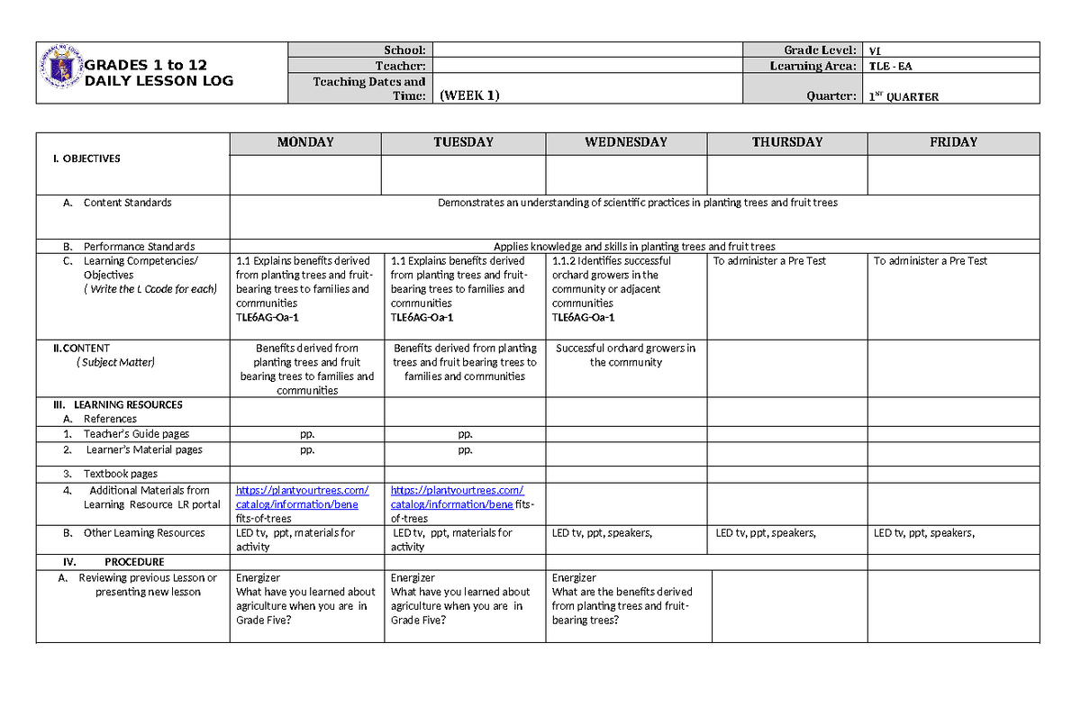 TLE VI Daily Lesson Log: 1st Quarter - Planting Trees & Benefits - Studocu