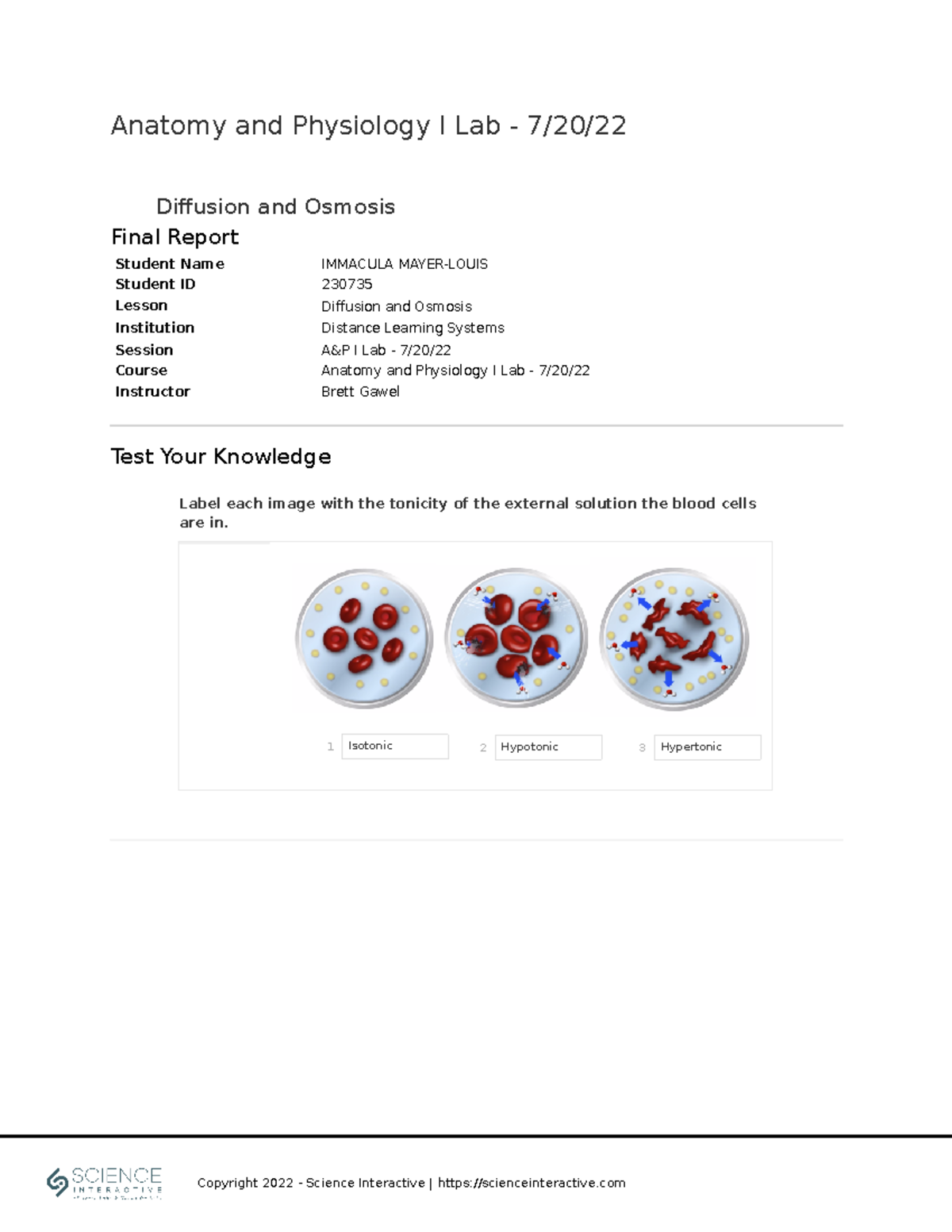 Anatomy and Physiology I Lab 72022: Diffusion and Osmosis Final Report ...