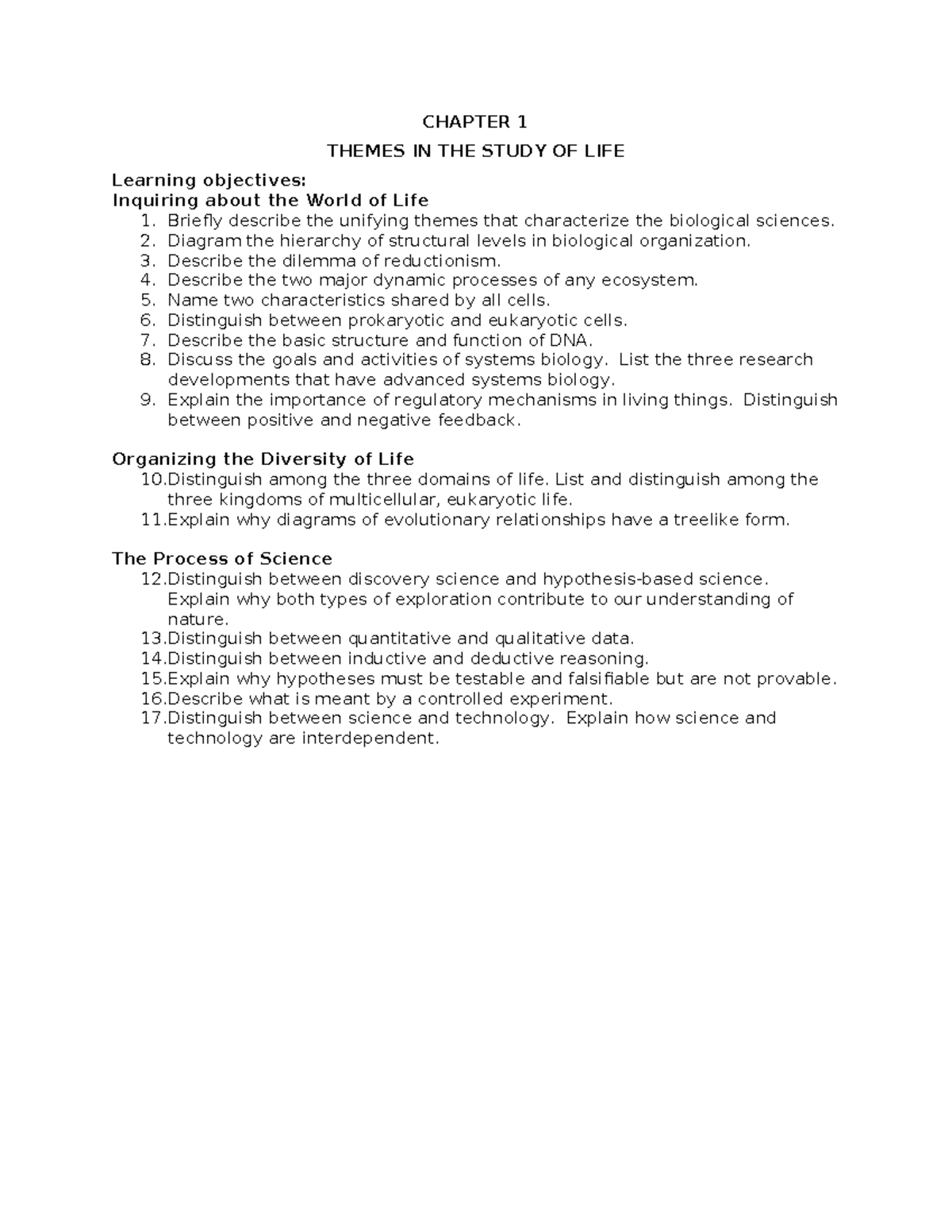 BIO 101: Chapter 1 - Themes in the Study of Life and Science - Studocu
