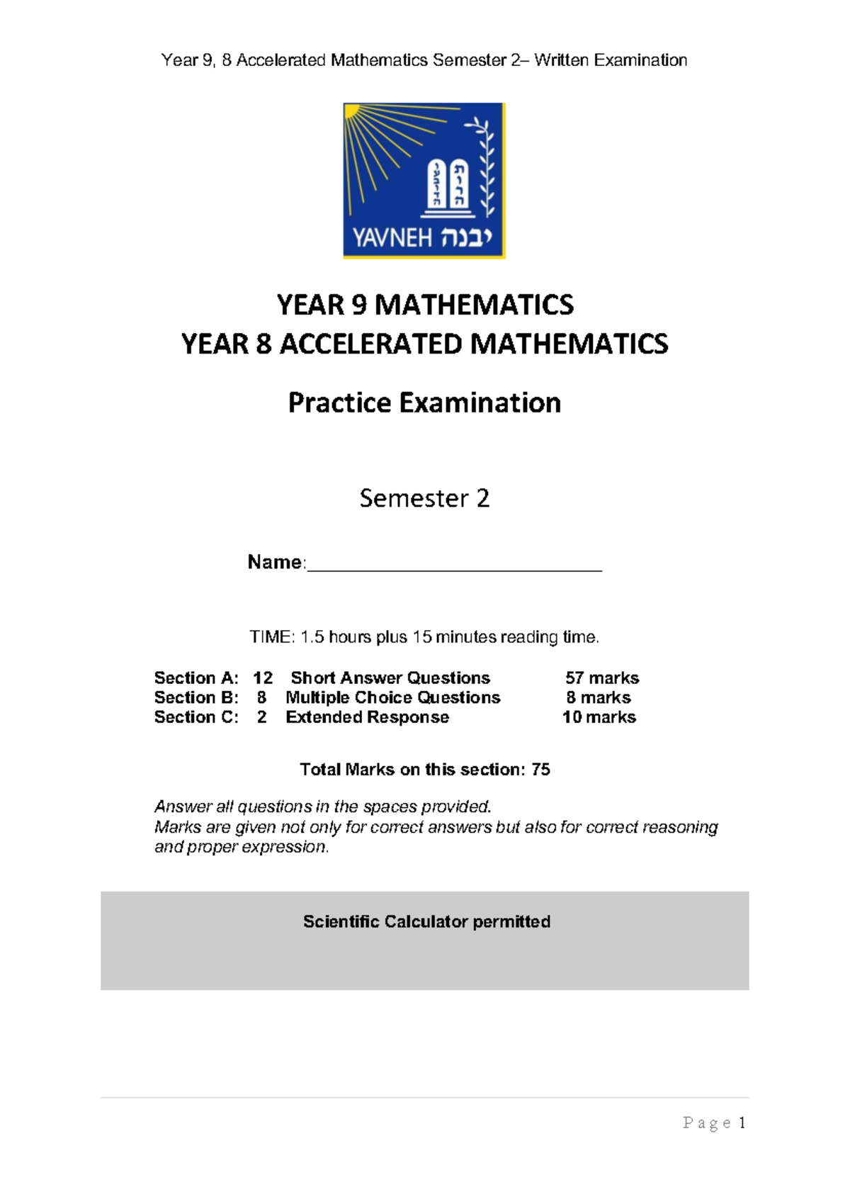 Year 9 & 8 Accelerated Mathematics Semester 2 Practice Exam - Studocu