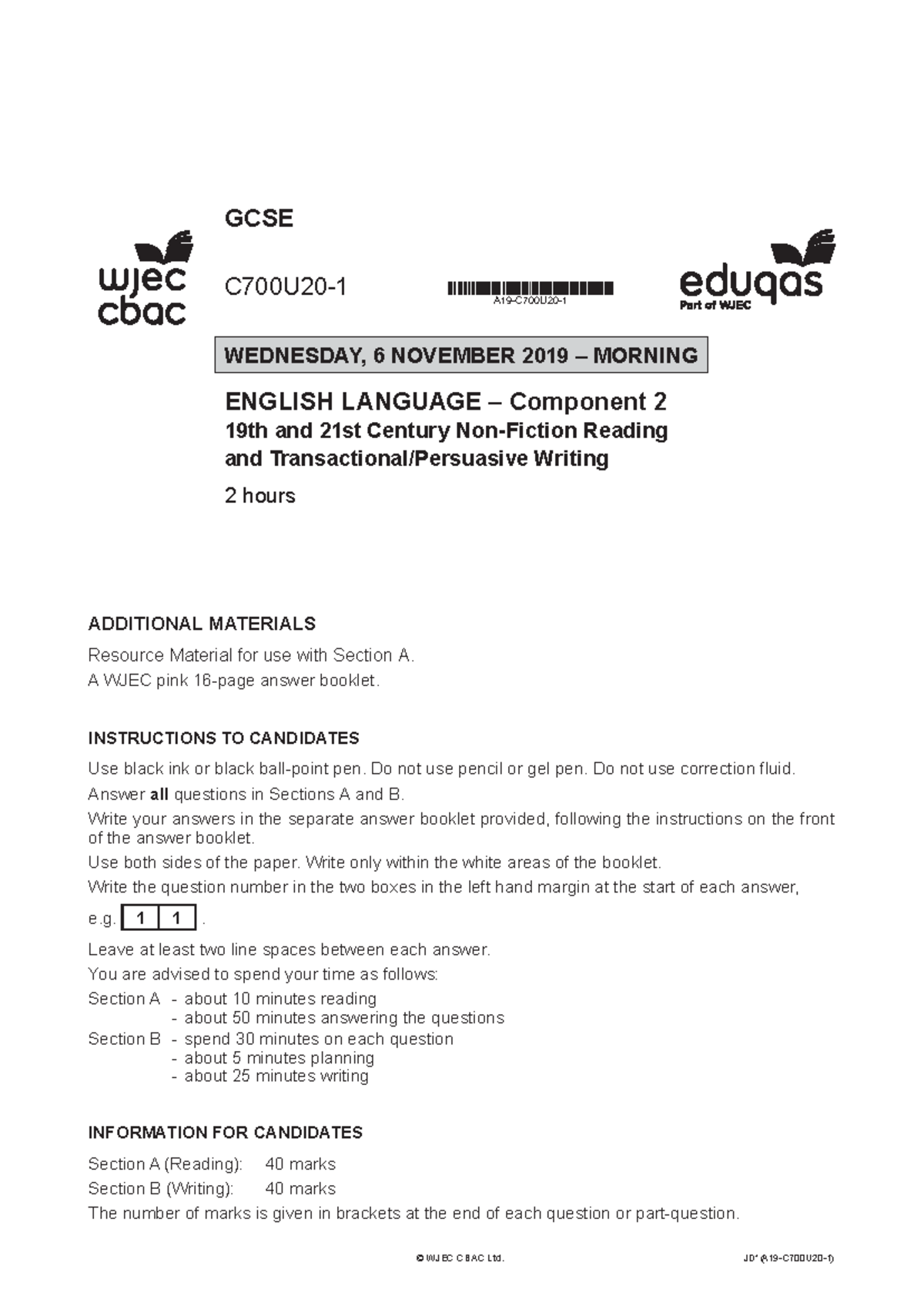 A19-C700U20-1 GCSE English Language Section A & B Exam Instructions ...