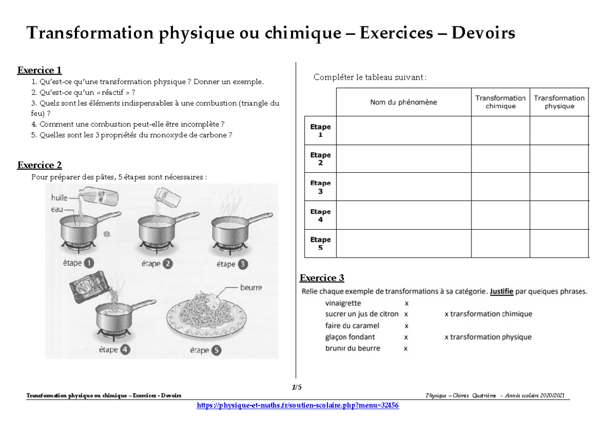 Transformation Physique ou Chimique - Exercices de Devoirs (4e) - Studocu