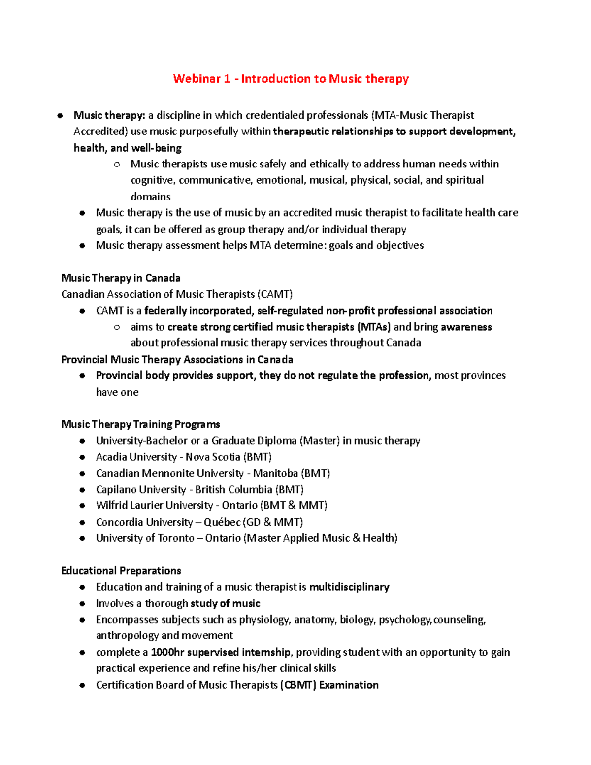 Music 2MT3 Midterm Study Notes: Foundations of Music Therapy - Studocu
