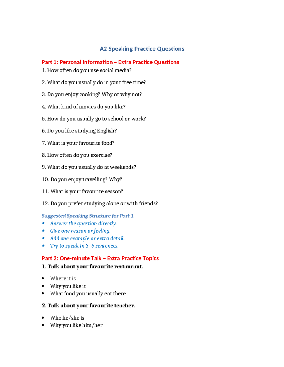 A2 Speaking Practice Questions: Personal Info & Topics - Studocu