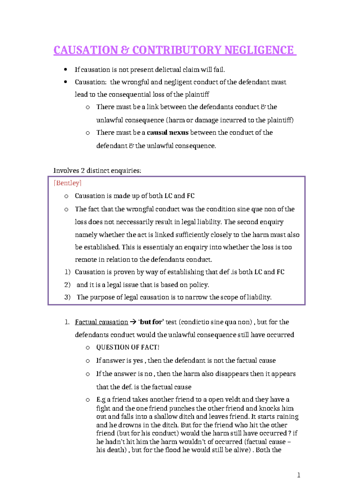 CAUSATION & CONTRIBUTORY NEGLIGENCE: Key Concepts and Cases (LAW 101 ...