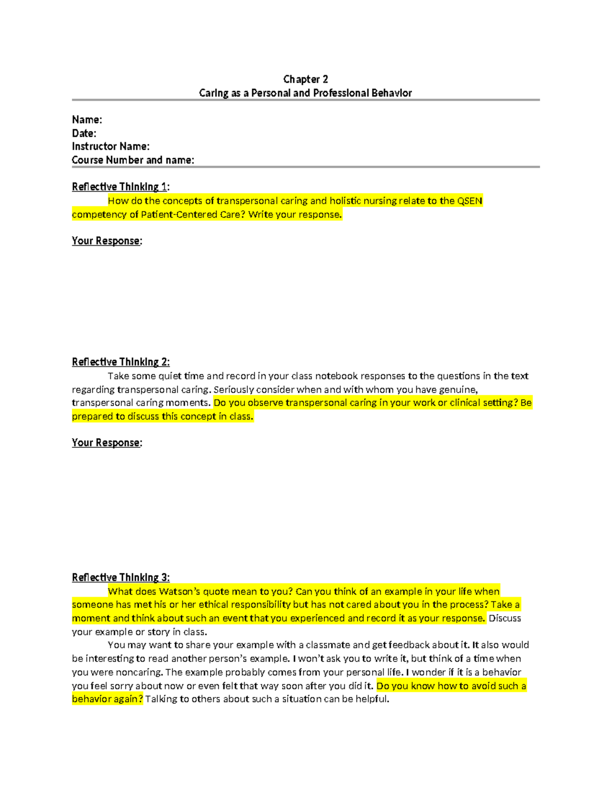 CH02 Reflective Thinking - Chapter 2 Caring as a Personal and ...