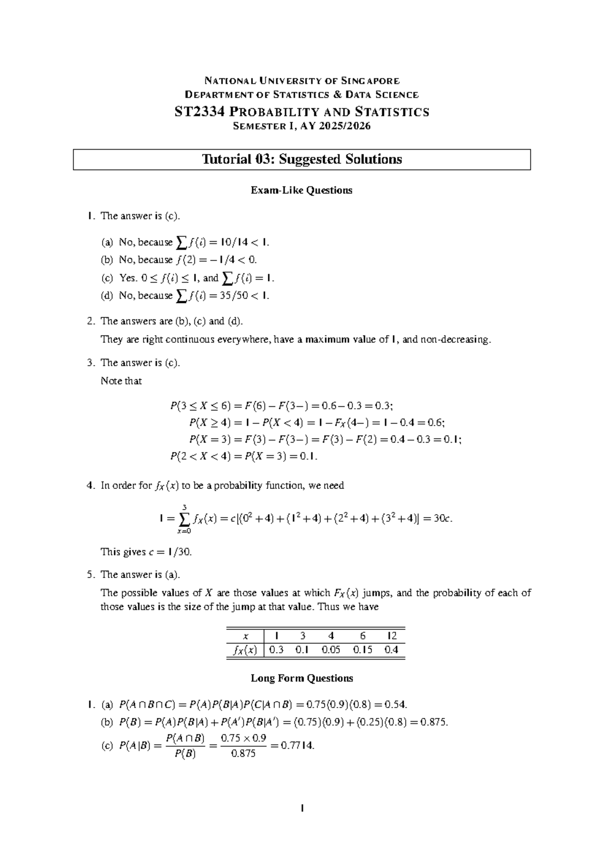 ST2334 Tutorial 03: Suggested Solutions for Probability & Statistics ...