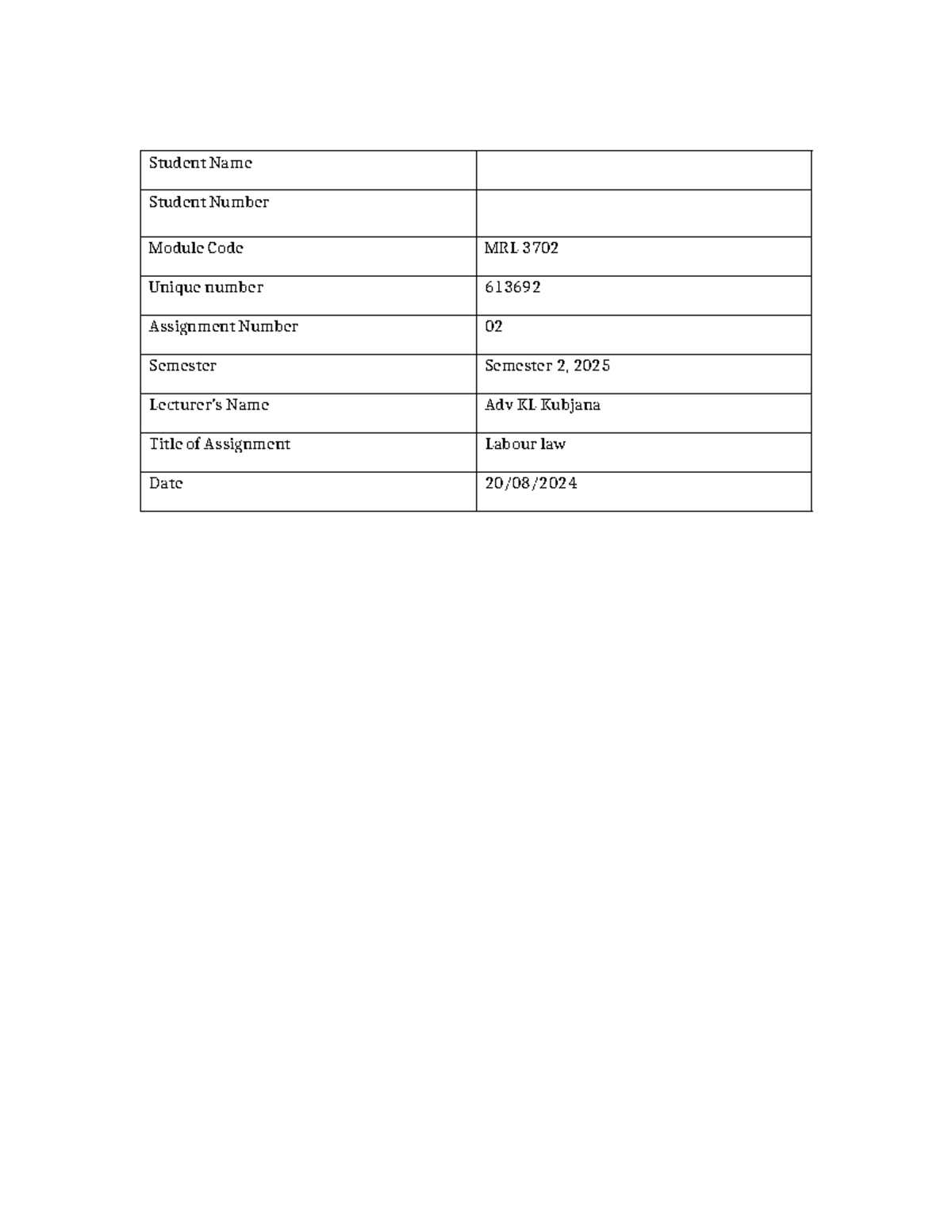 MRL 3702 Assignment 02: Labour Law Analysis and Recommendations - Studocu