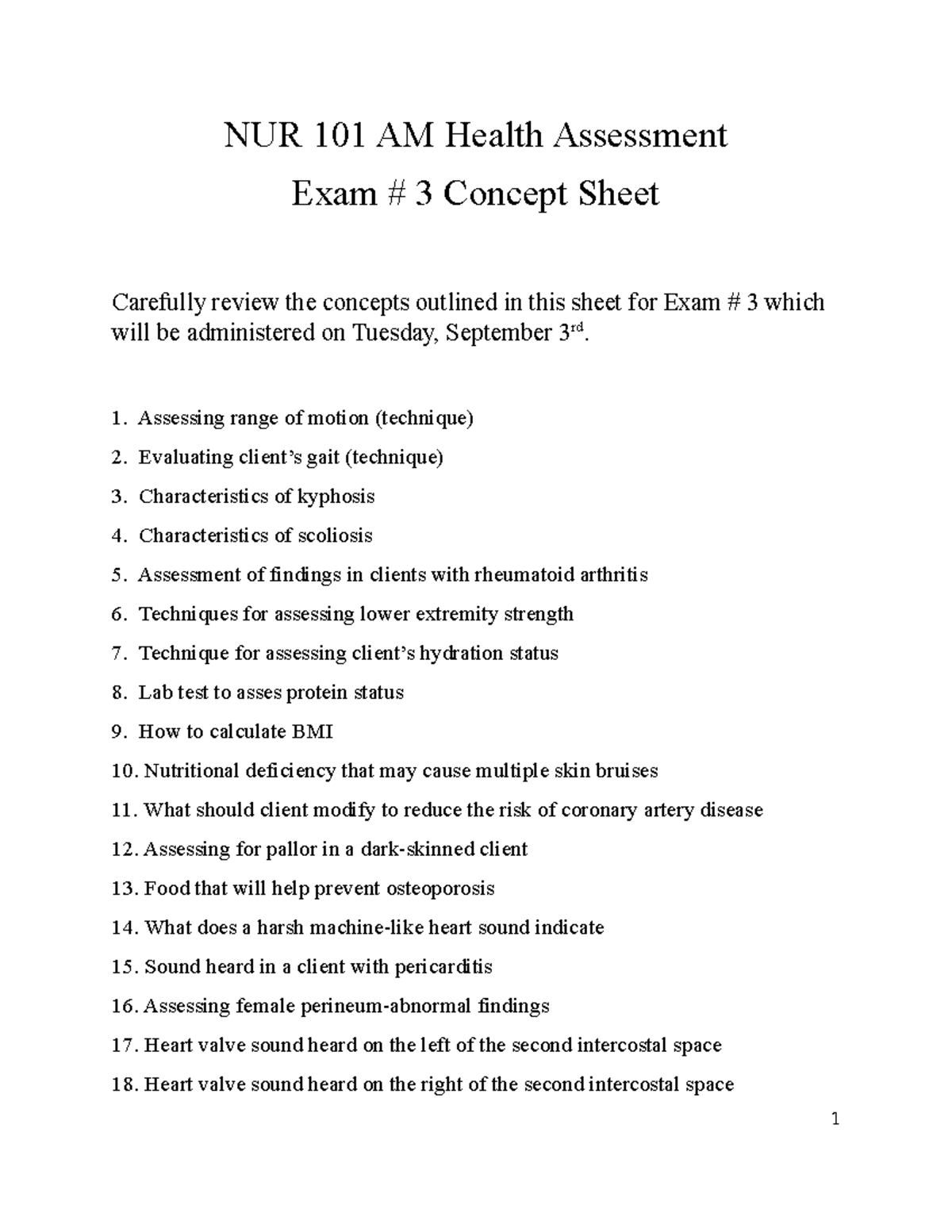 Concept Sheet Exam 3 - NUR 101 AM Health Assessment Exam # 3 Concept ...