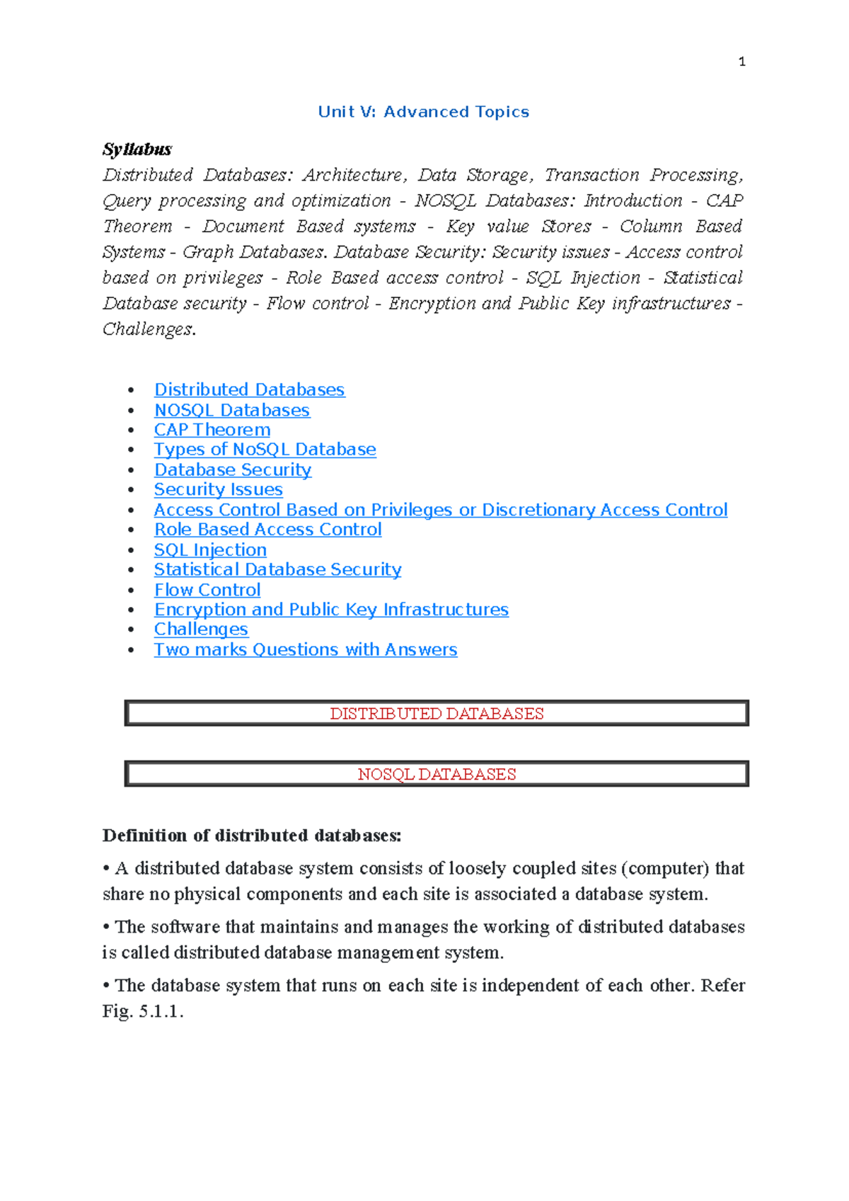 CS3492 DBMS: Advanced Topics and Security in Distributed Databases ...
