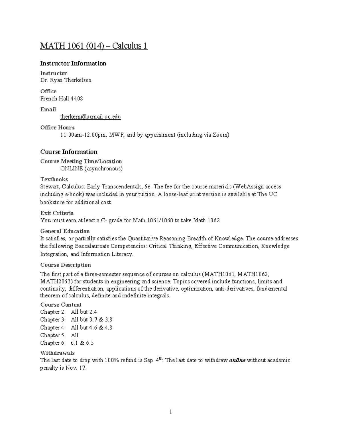 MATH 1061 014 Syllabus Fall 2023 (Online Learning Details) - Studocu