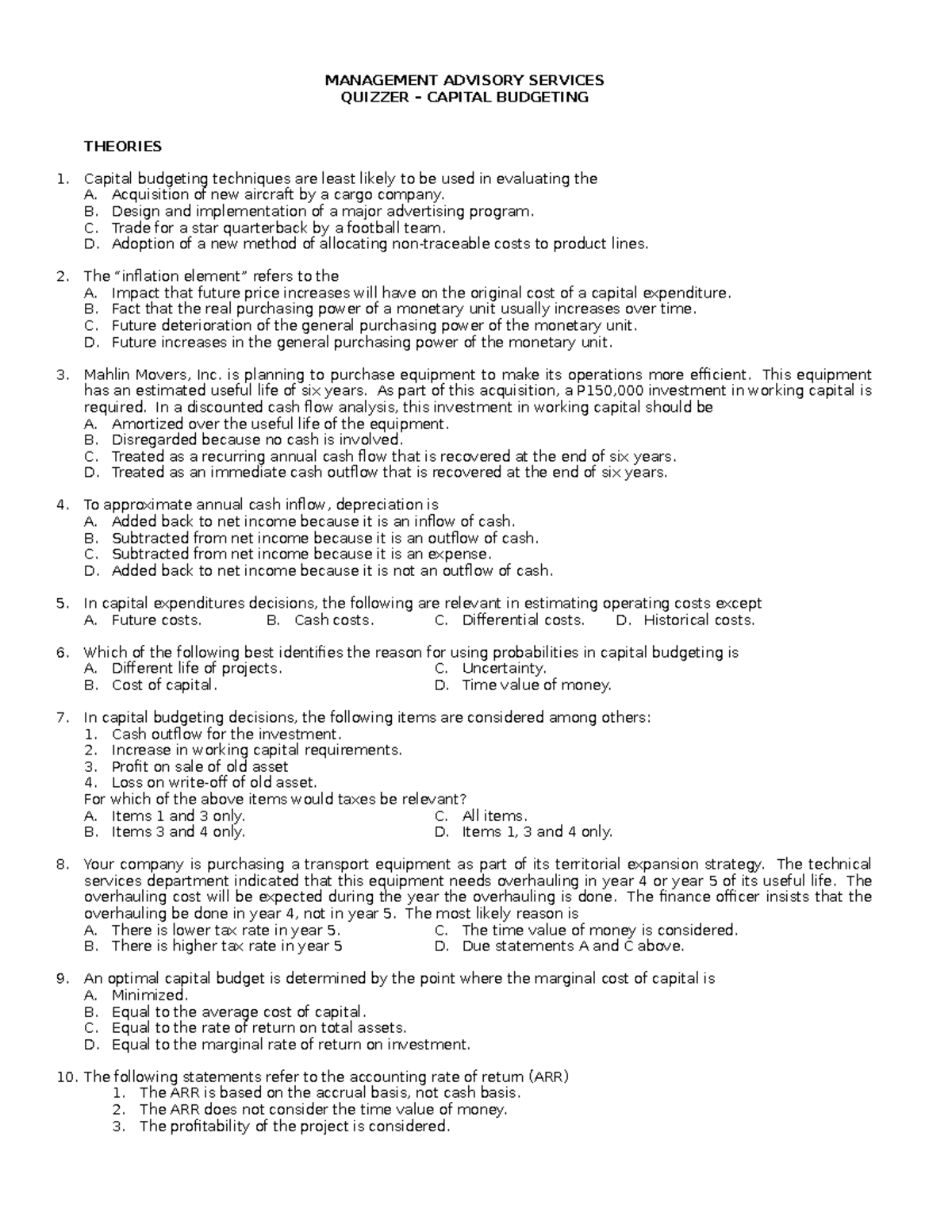 Capital Budgeting Quiz (FIN 301): Key Concepts and Practice Questions ...