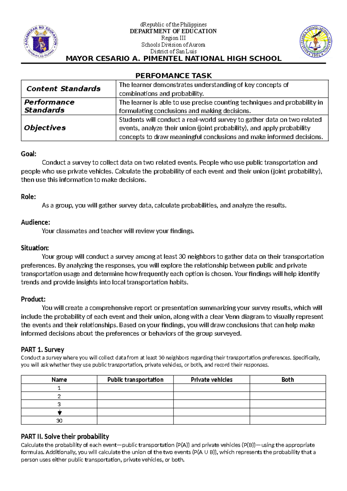 Union Performance Task: Analyzing Transportation Preferences and ...