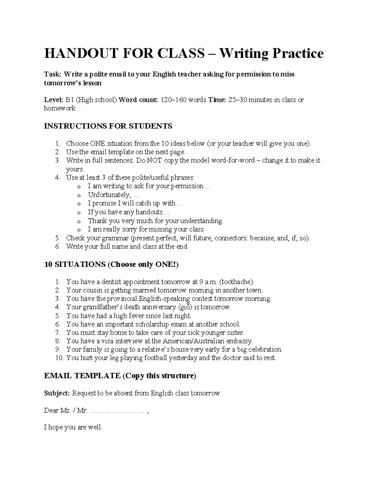 Email Writing Practice: Request to Miss Class (Level B1) - Studocu