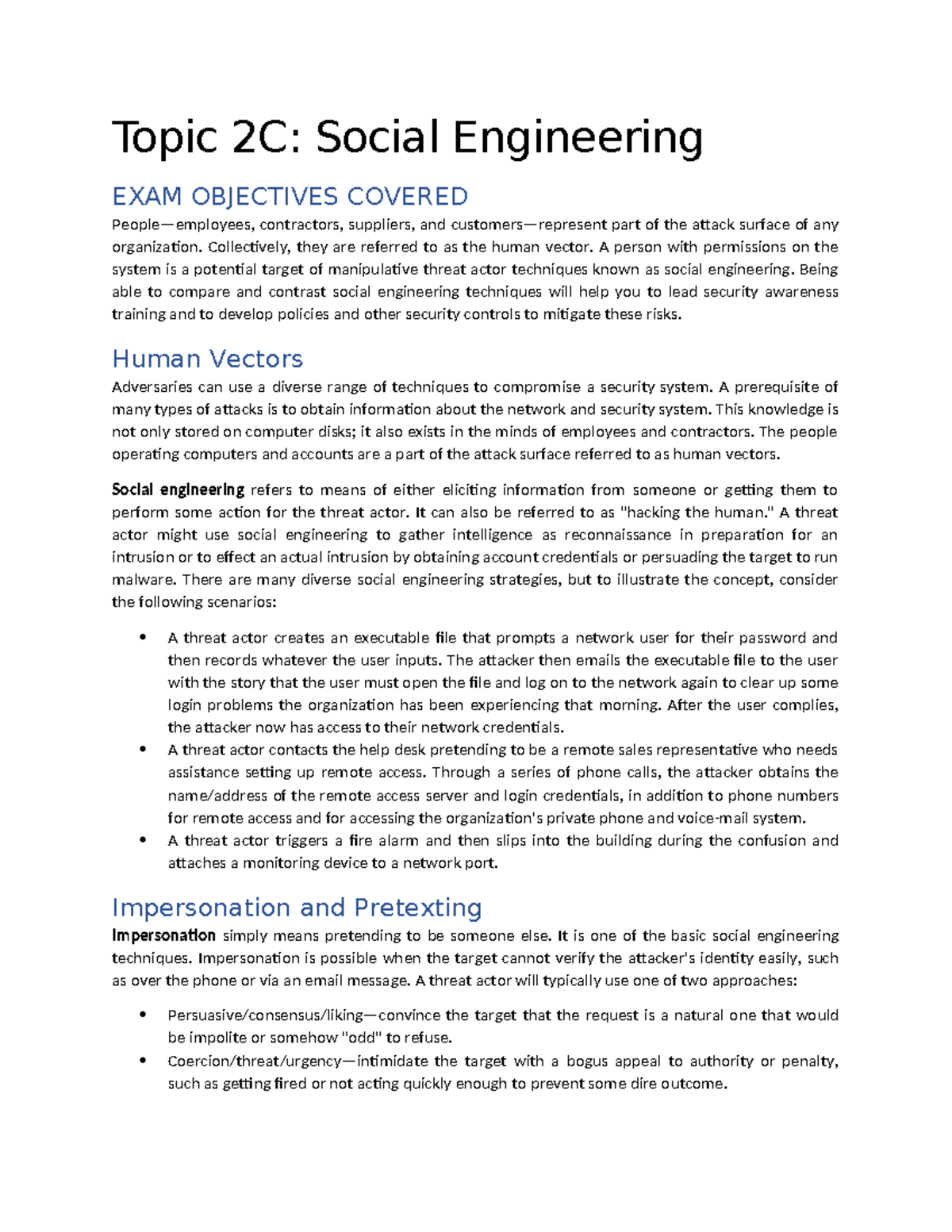 Topic 2C: Social Engineering Exam Objectives and Key Concepts - Studocu