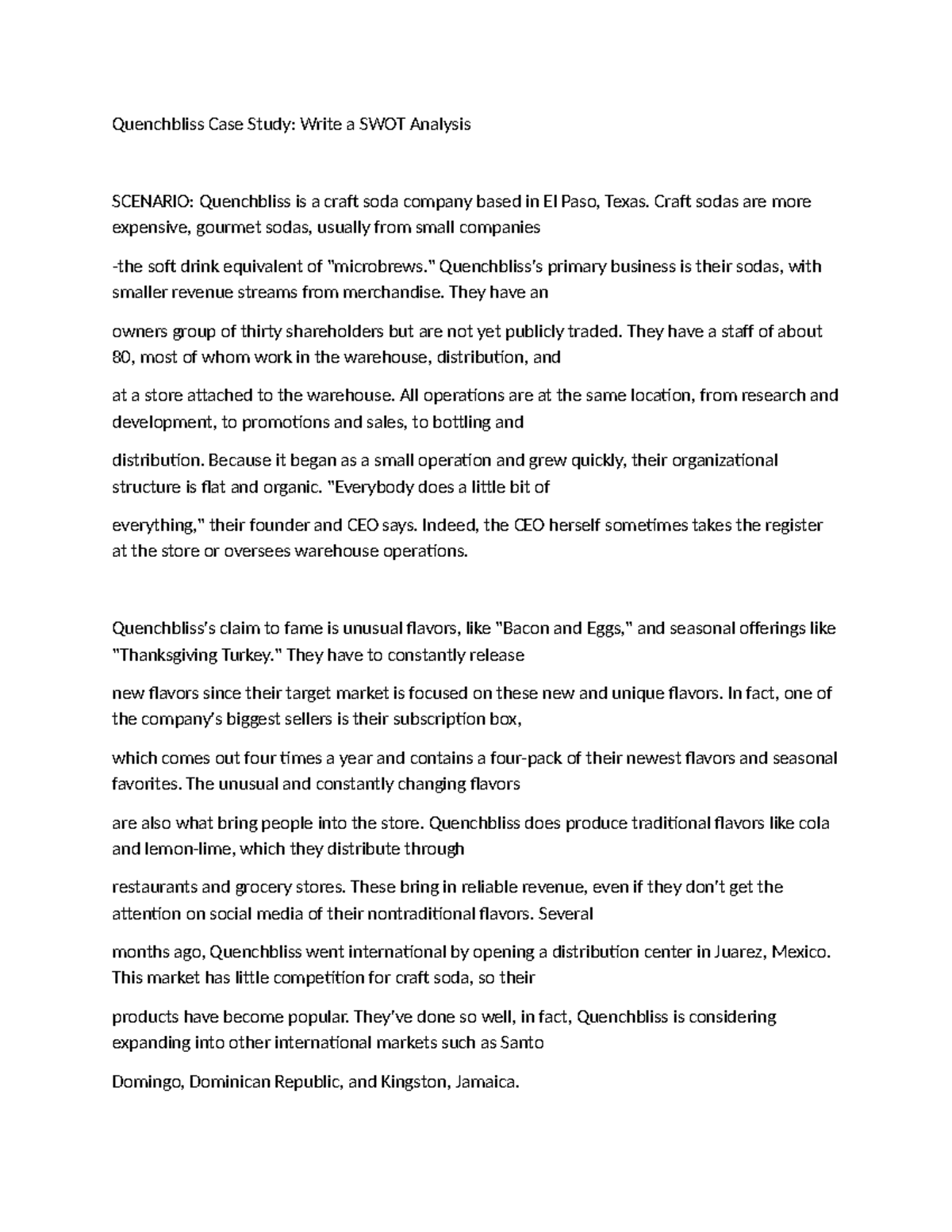 Quenchbliss Case Study: SWOT Analysis of Craft Soda Company - Studocu
