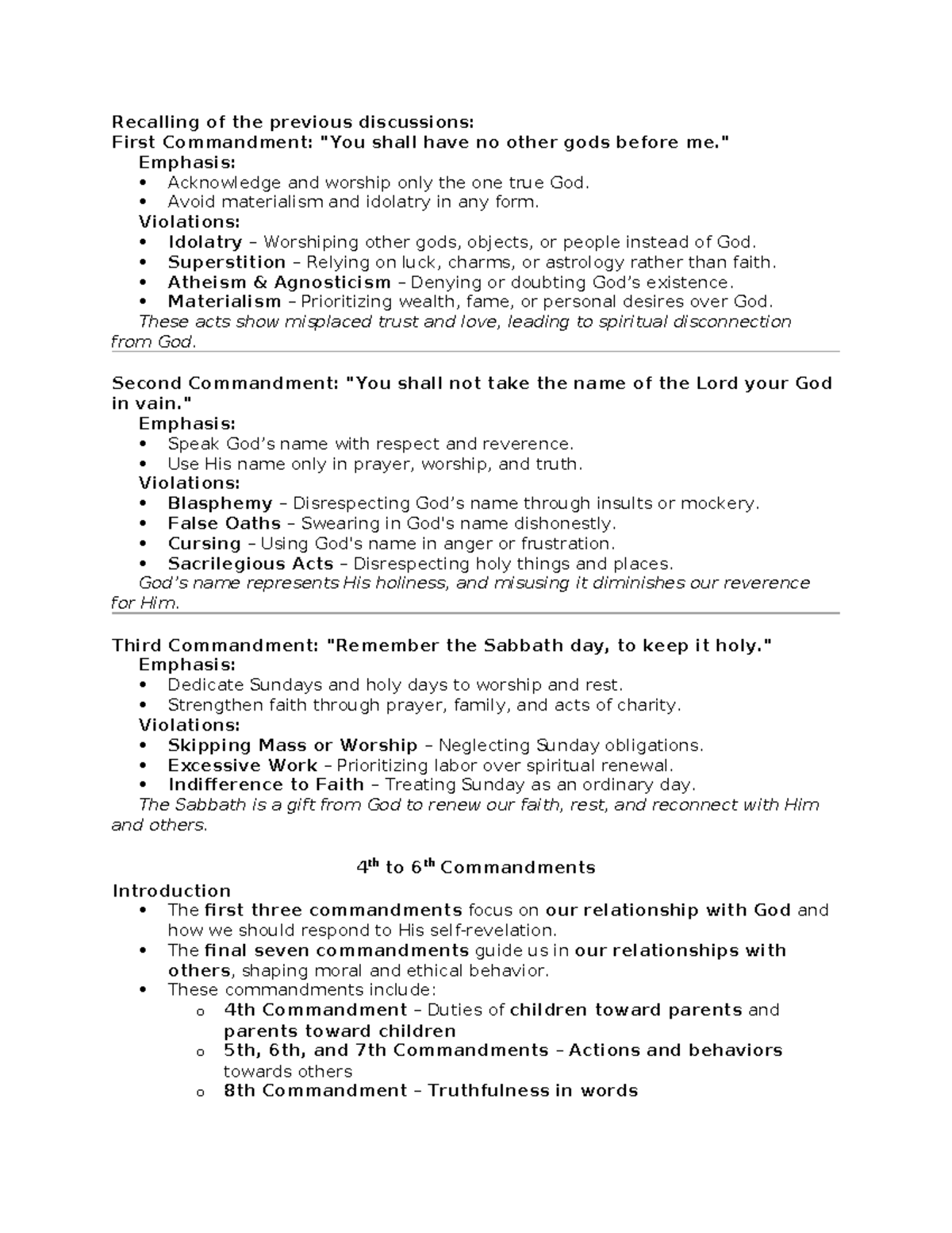 1st to 6th commandments Summary - Recalling of the previous discussions ...