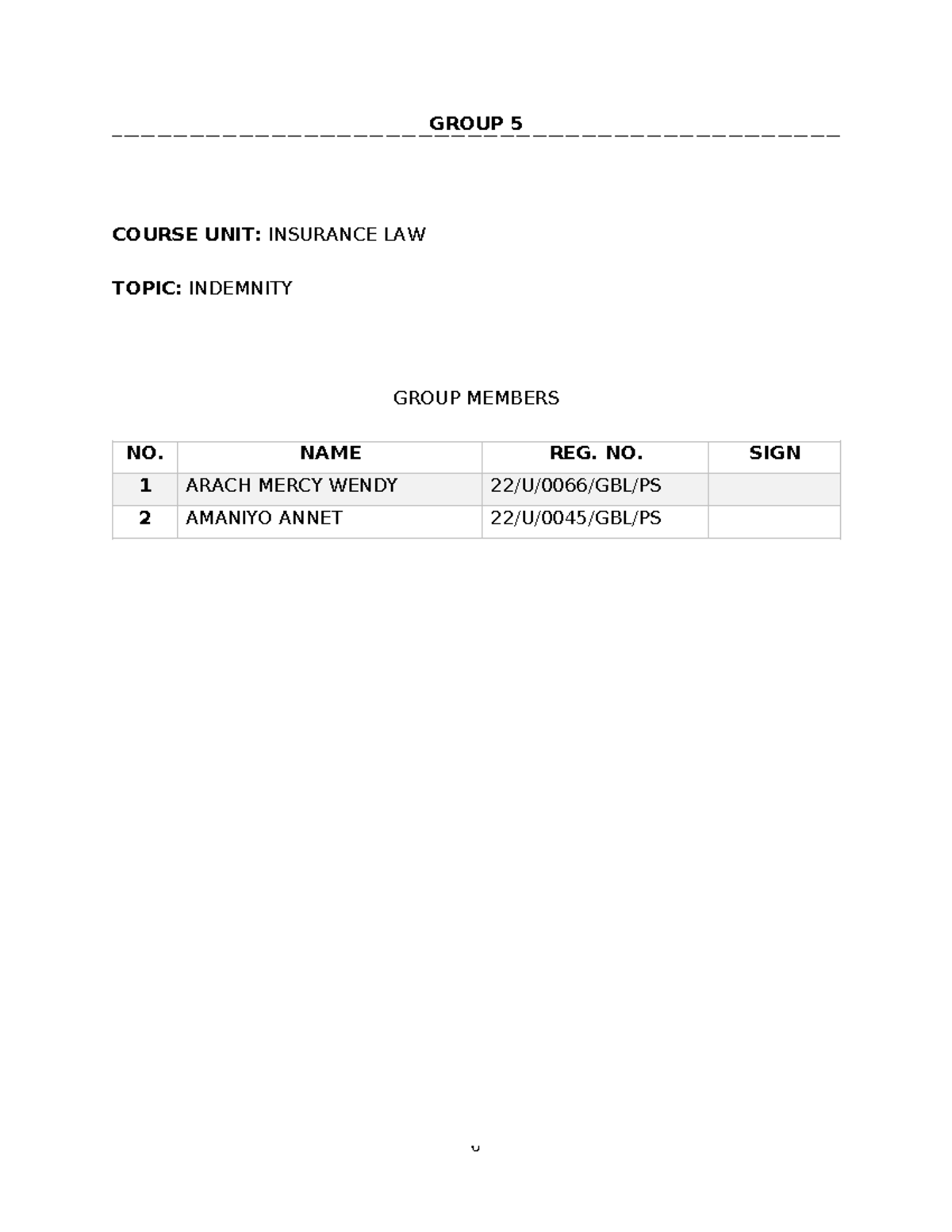 GROUP 5 INSURANCE LAW ASSIGNMENT: PRINCIPLE OF INDEMNITY - Studocu