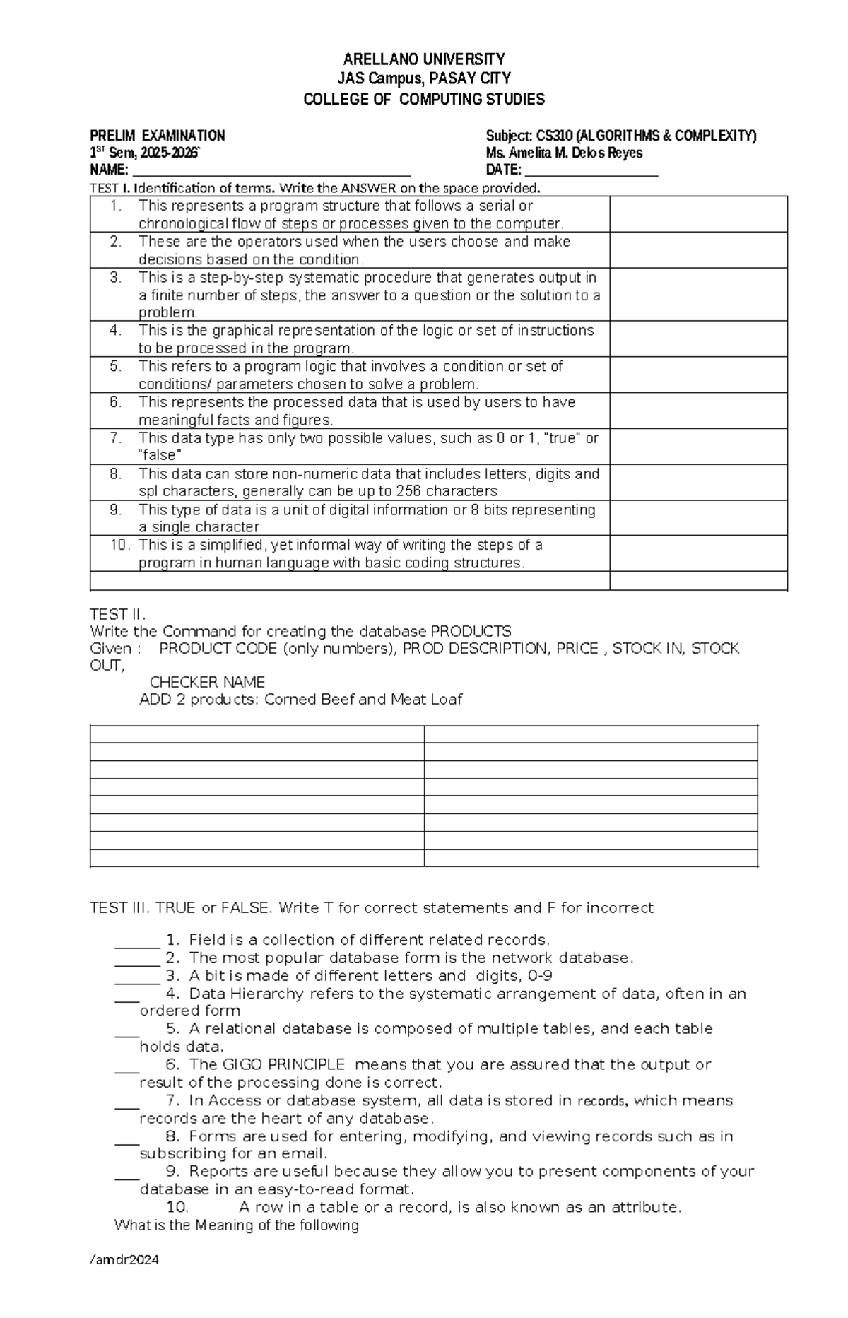 CS310 Prelim Exam: Algorithms Complexity - Identification & Commands ...
