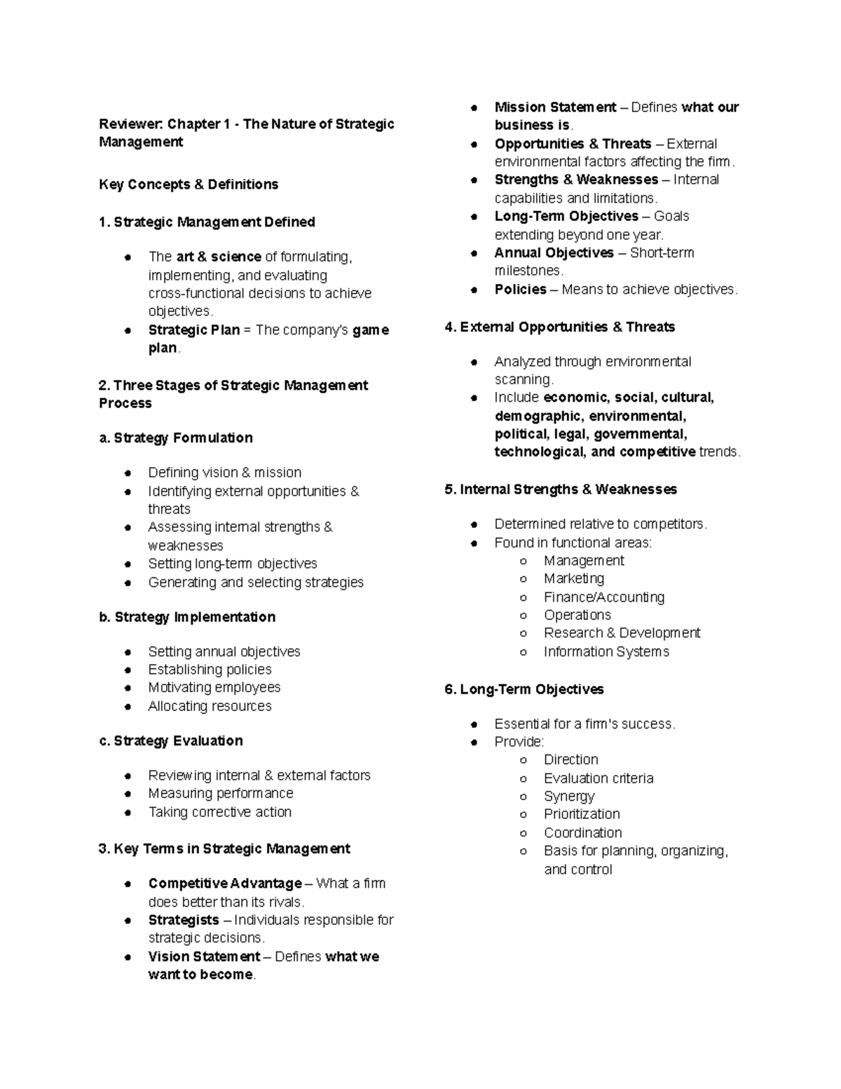 Strategic Management Review: Key Concepts from Chapters 1-3 (Prelim ...
