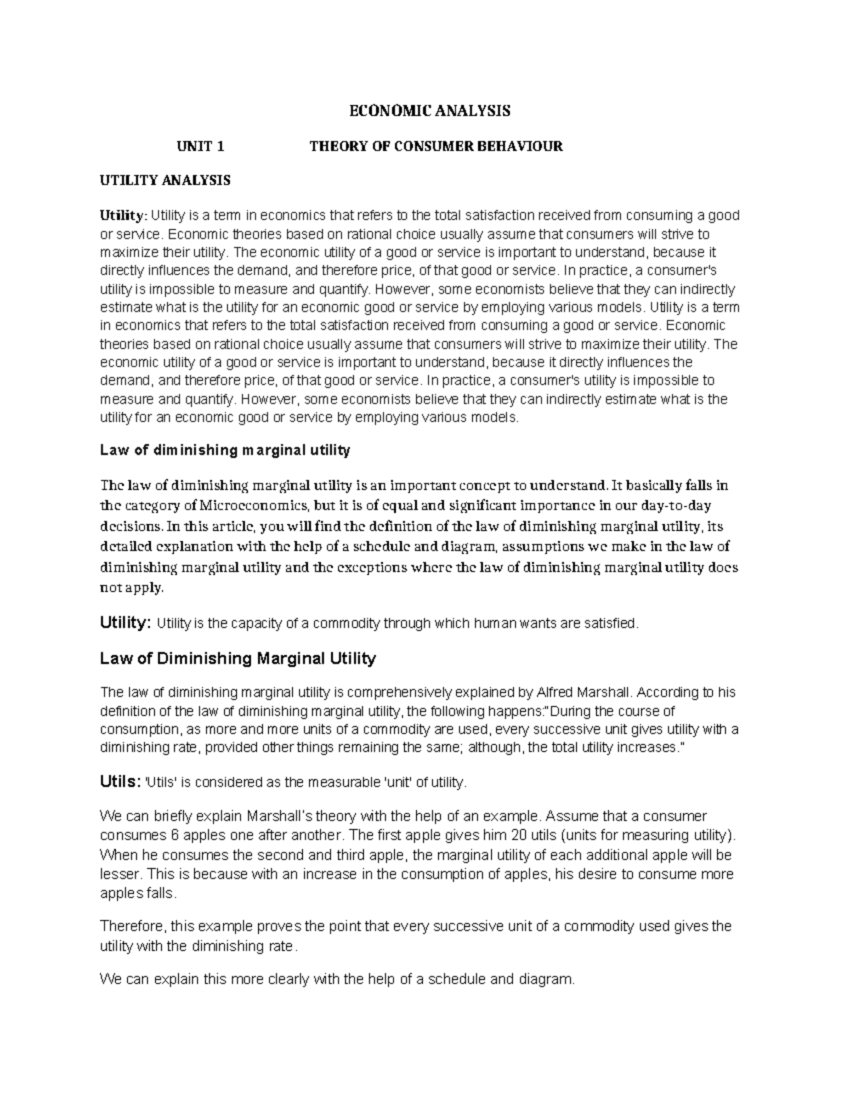 **ECN 101 Unit 1: Theory of Consumer Behaviour - Utility & Analysis ...