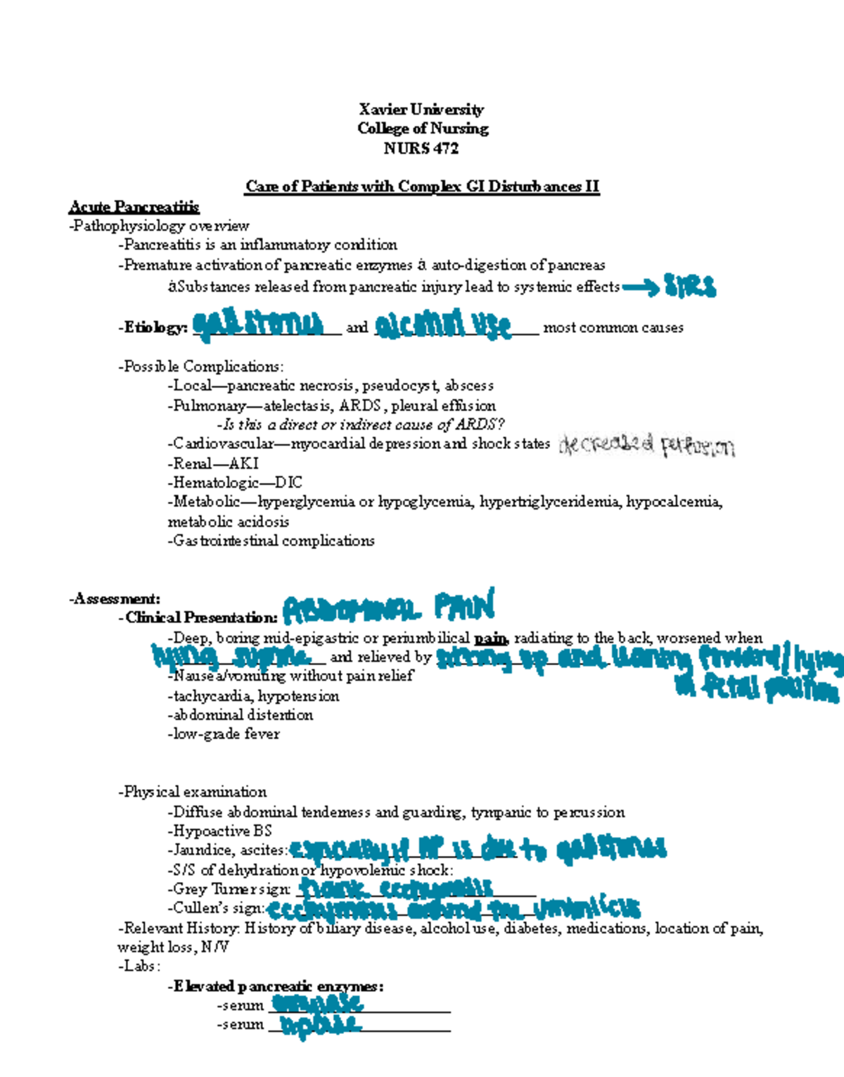 NURS 472 Lecture Notes: Care of Patients with Complex GI Disturbances ...