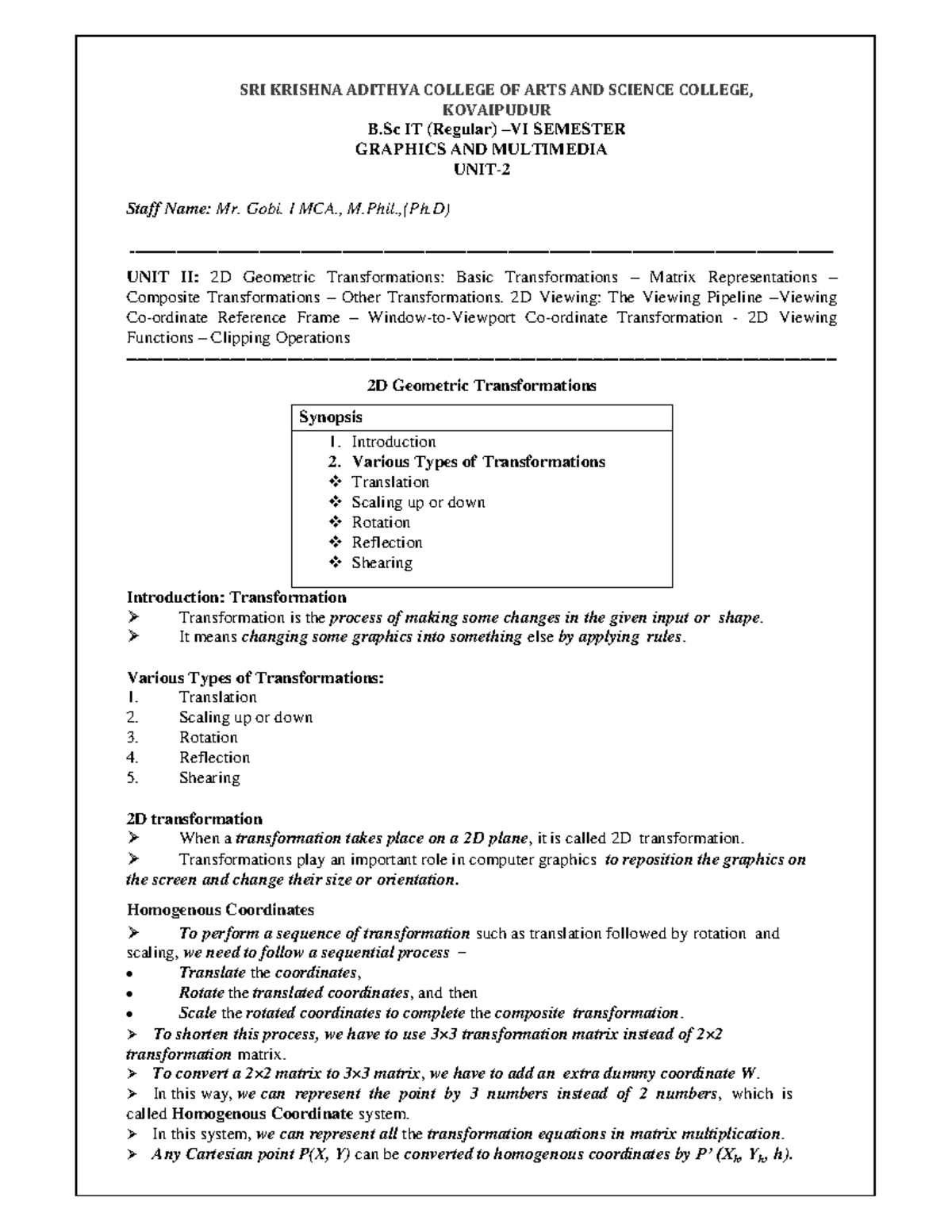 UNIT II - 2D Geometric Transformations in Graphics and Multimedia - Studocu