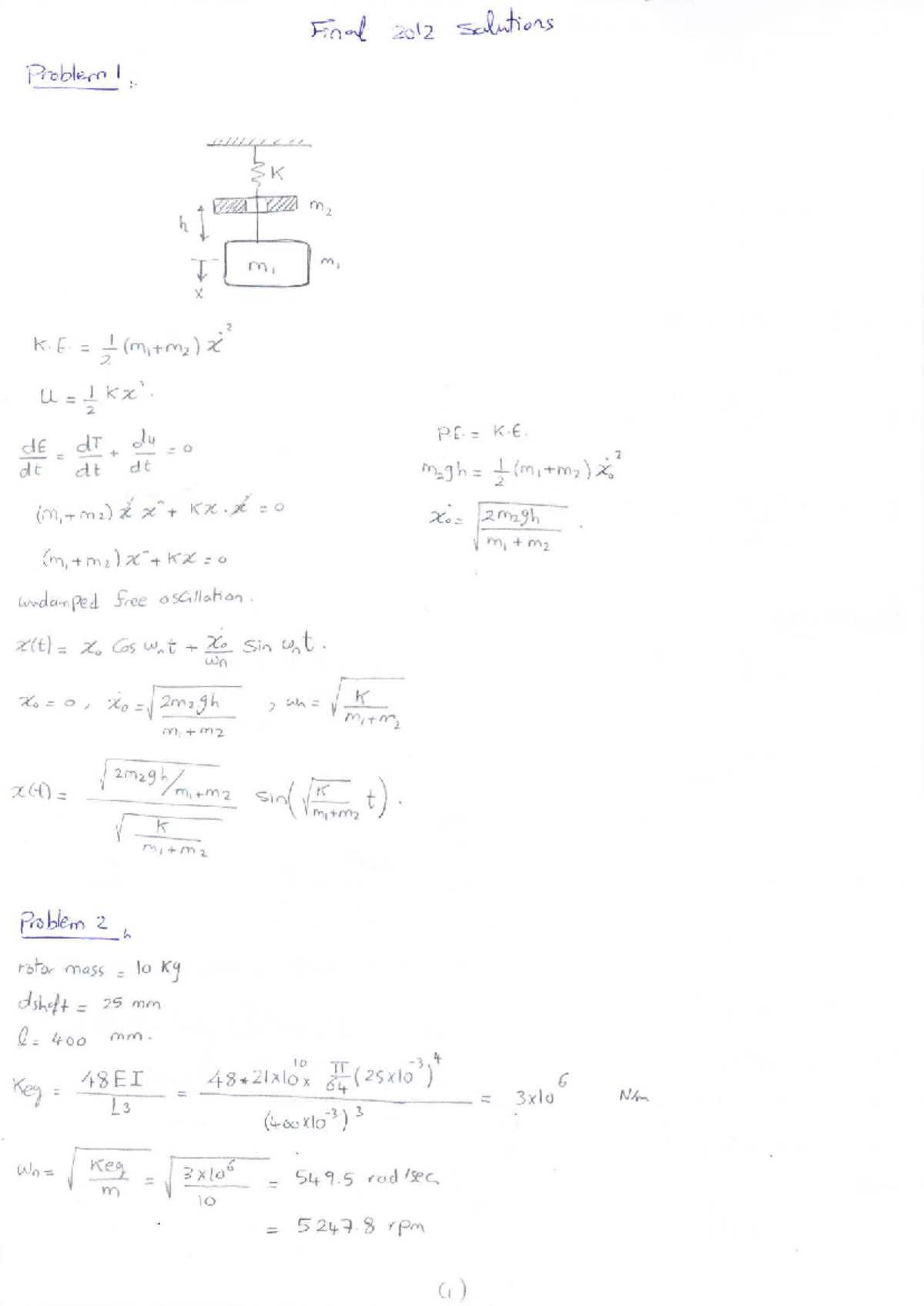 Final Exam Solutions for Vibration (Course Code: Fn) - Studocu