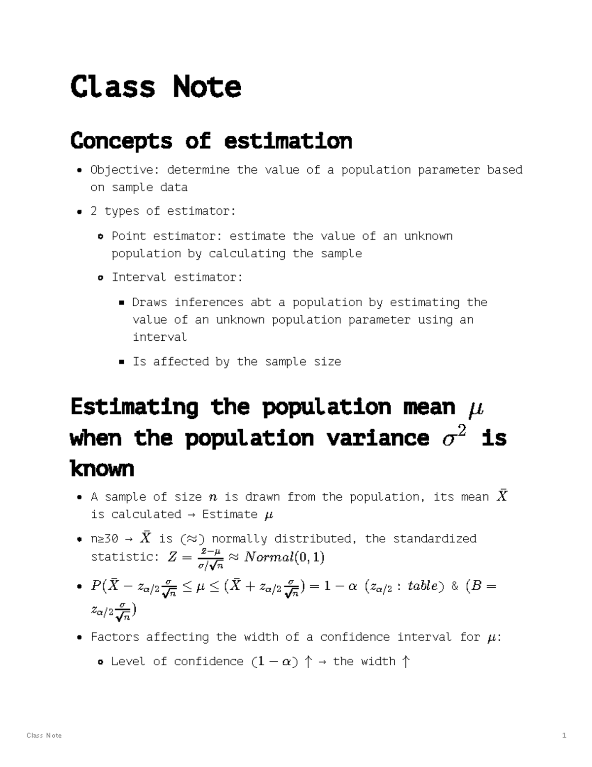 Class Notes: Estimation & Population Mean Concepts - Studocu