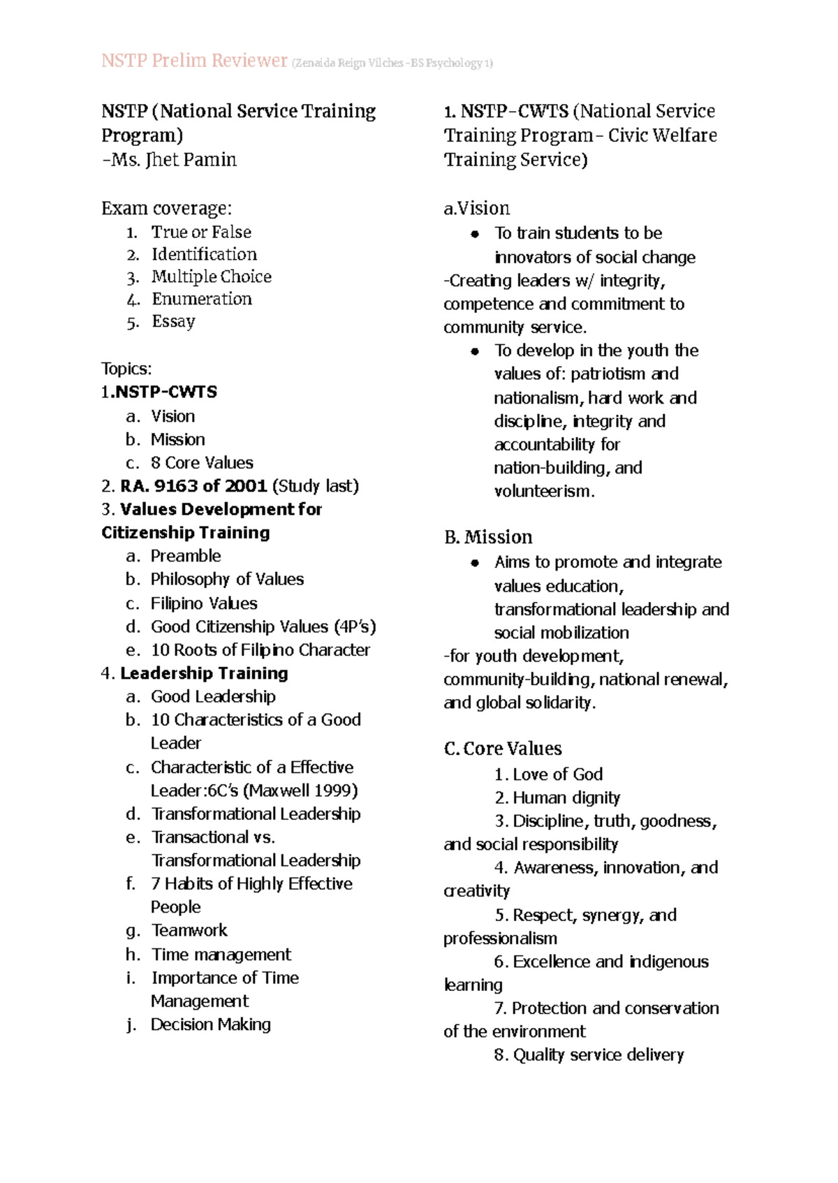 NSTP Prelim Reviewer - NSTP (National Service Training Program) -Ms ...