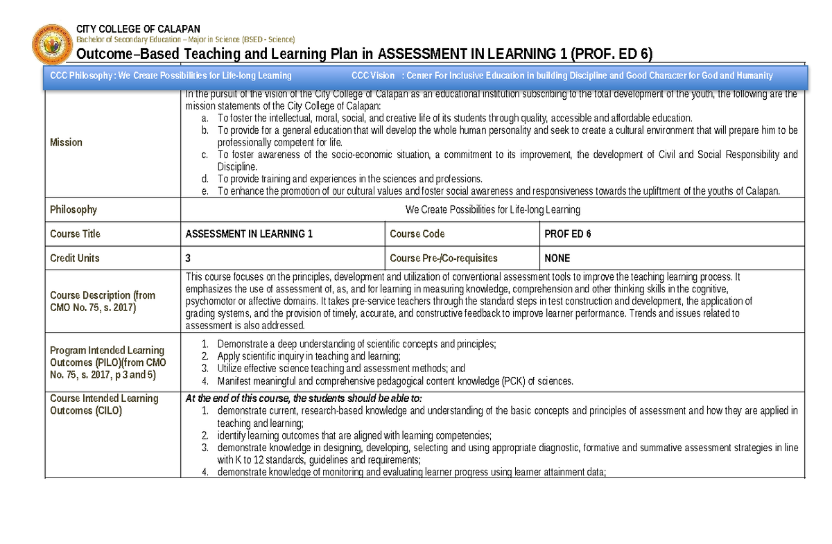 OBTL PROF. ED 6: Assessment in Learning 1 Course Overview 2024-2025 ...