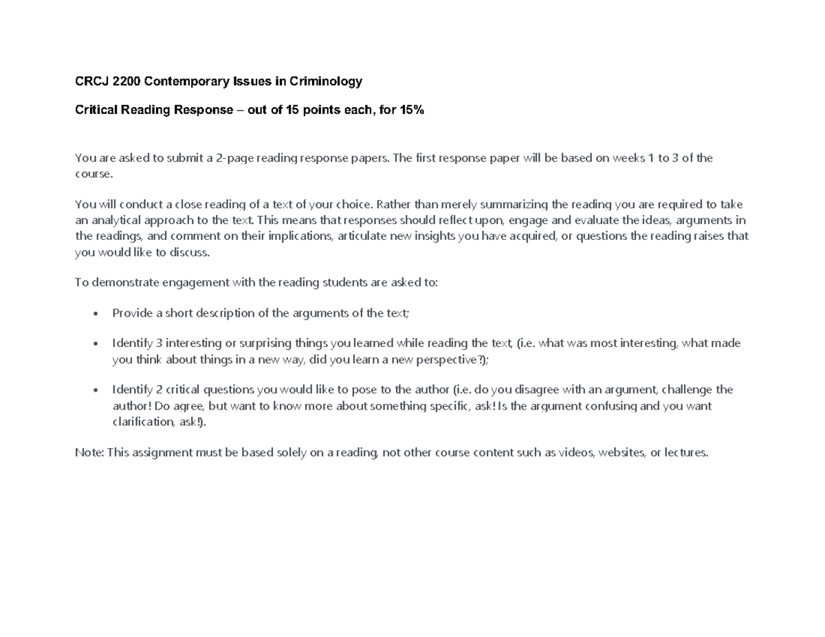 CRCJ 2200 Critical Reading Response Rubric - July 2, 2021 - Studocu