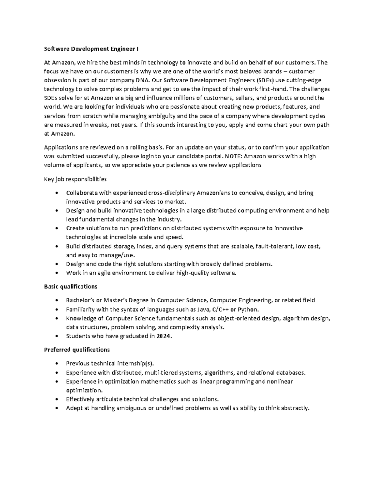 Software Development Engineer I - Amazon Job Overview and ...