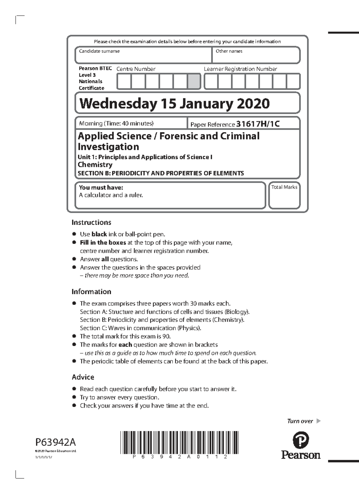 BTEC Level 3 Applied Science Unit 1 Chemistry Exam Questions - Jan 2020 ...