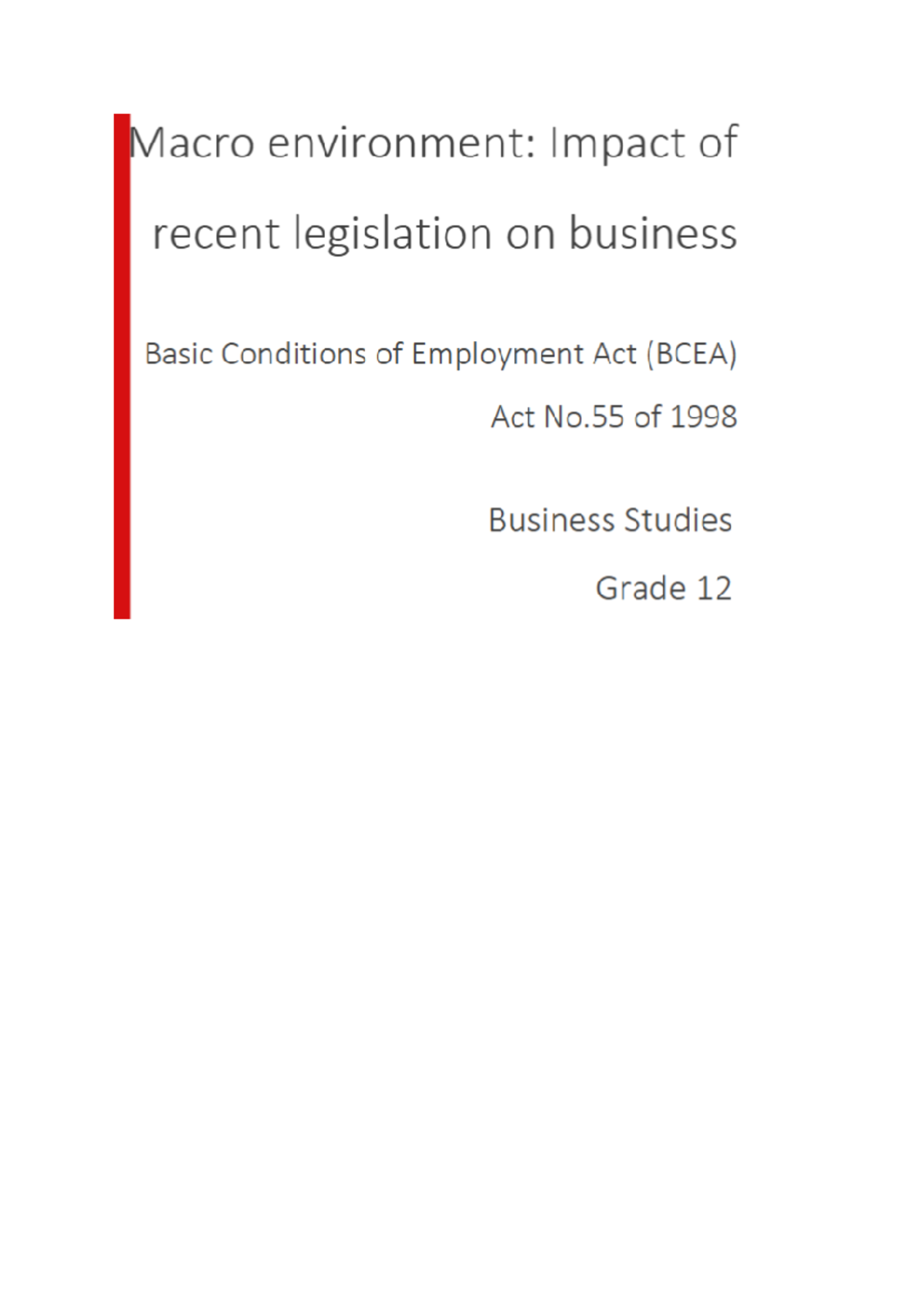 BCEA Business Studies Grade 12: Basic Conditions of Employment Notes ...