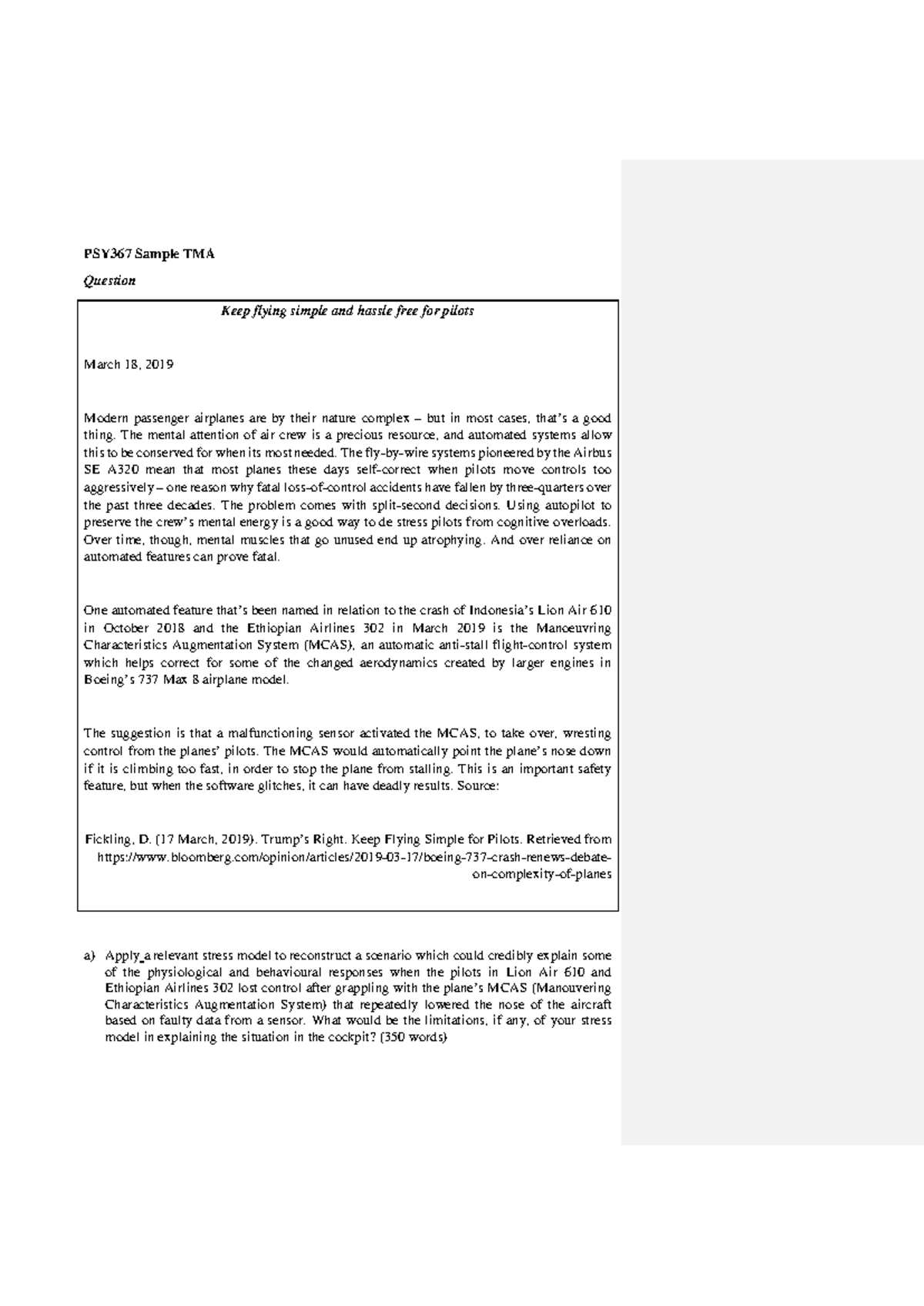 PSY367 Sample TMA - Analysis of Stress in Aircraft Incidents - Studocu