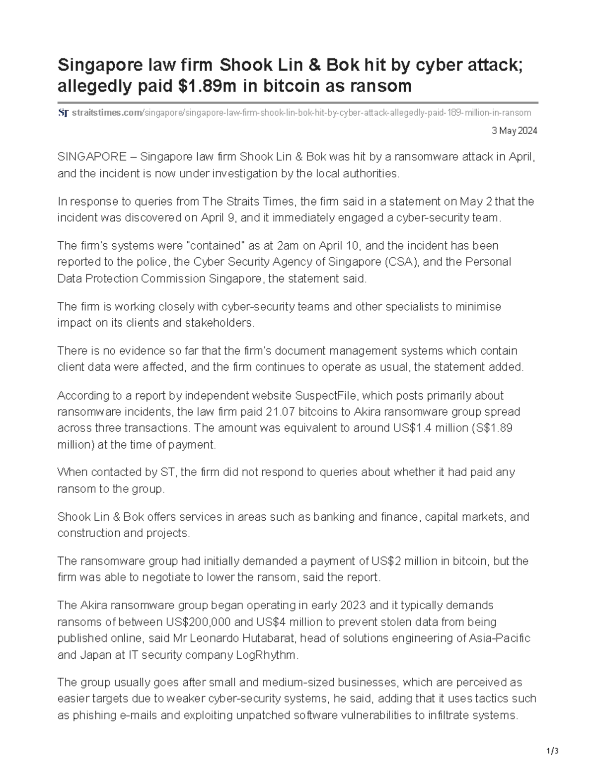 Week 7 Case Study: Singapore Law Firm Ransomware Attack Analysis - Studocu