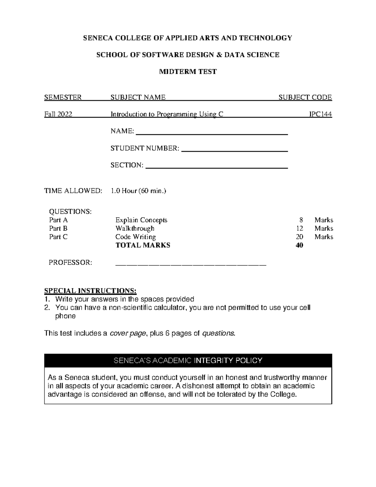 IPC144 Midterm Test - Introduction to Programming Using C (Fall 2022 ...